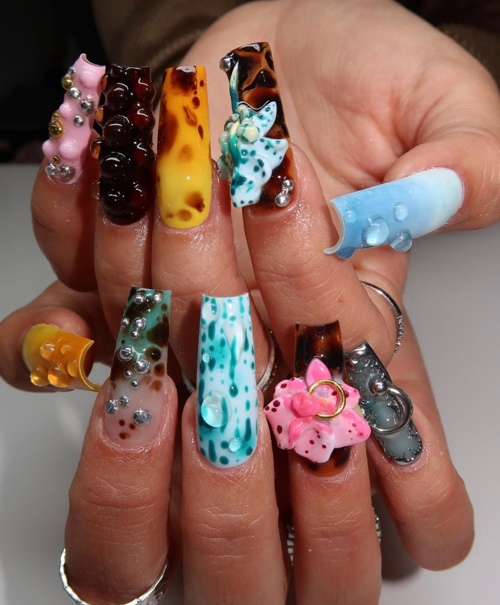 Handmade 3D Avant-Garde Mixed Media Long Square Press On Nails - Y2K Bio-Organic, Tortoiseshell, Silver Liquid Metal & 3D Floral Nail Art