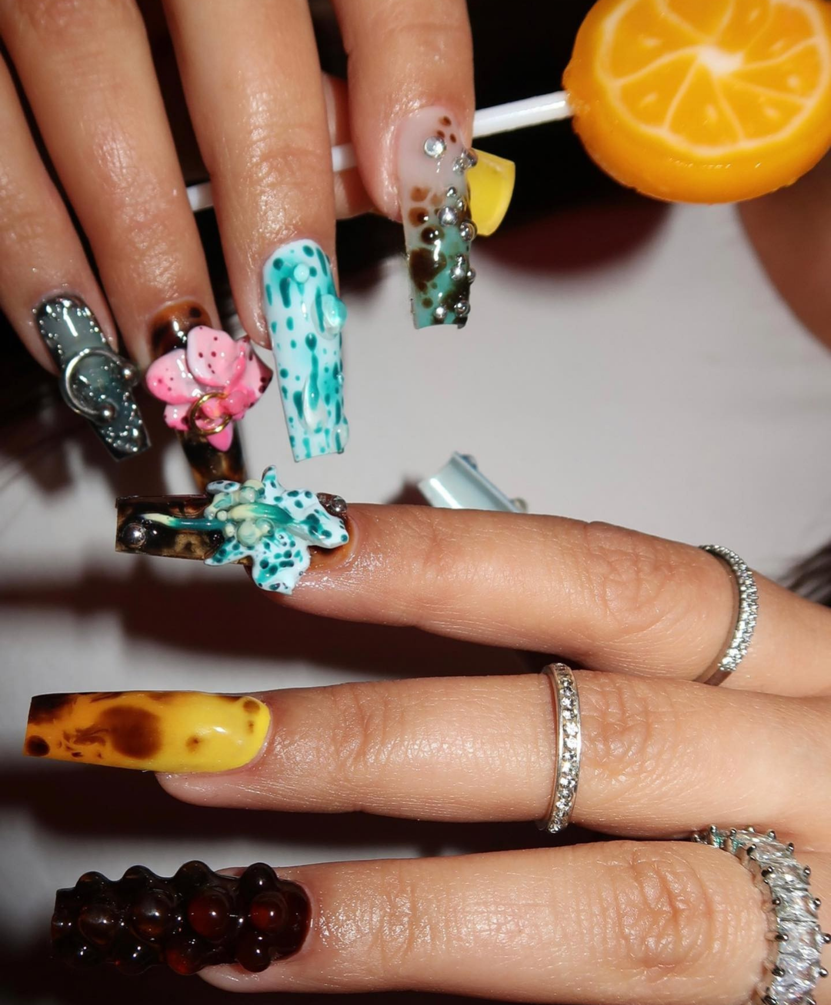 Handmade 3D Avant-Garde Mixed Media Long Square Press On Nails - Y2K Bio-Organic, Tortoiseshell, Silver Liquid Metal & 3D Floral Nail Art