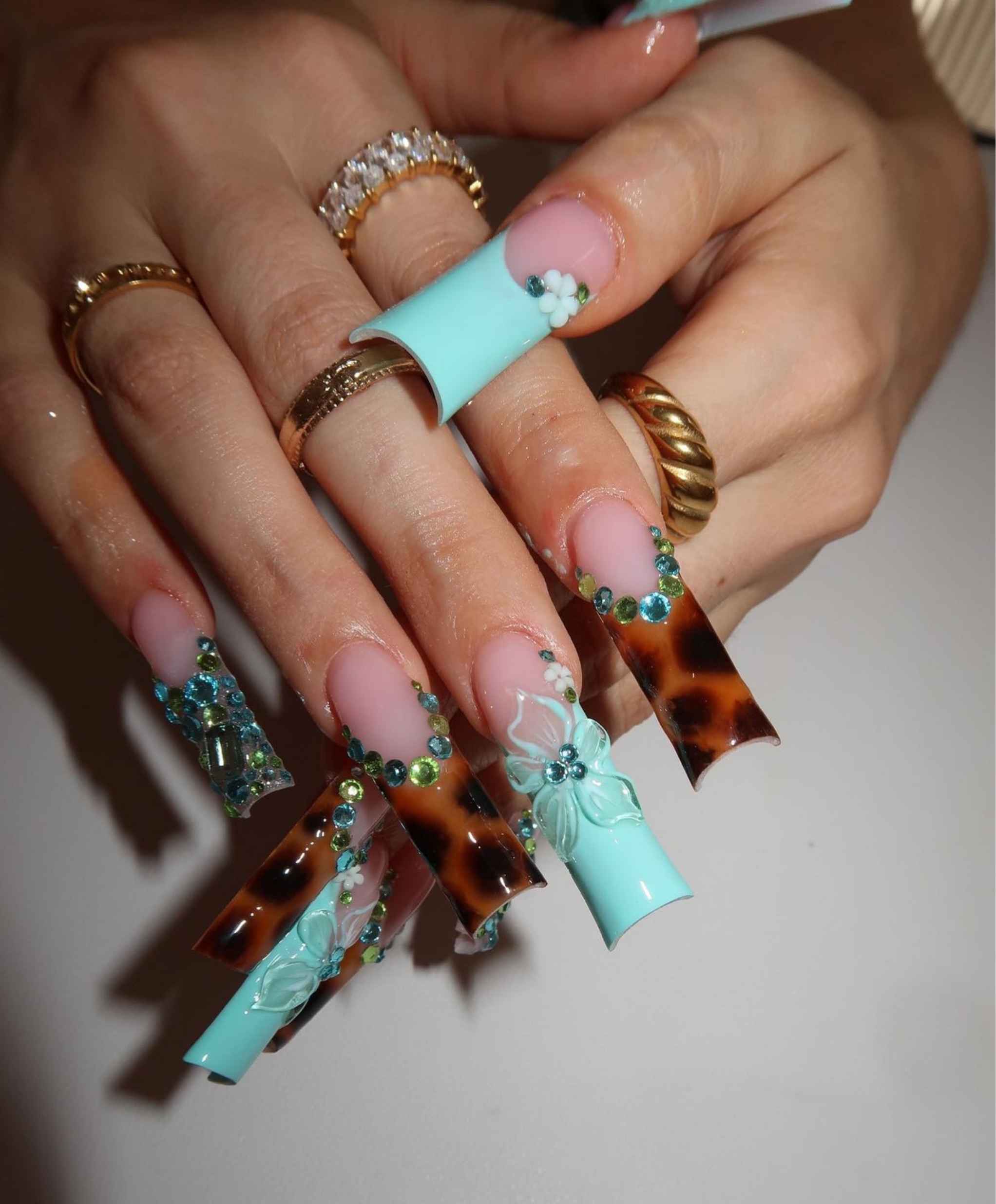 Tortoiseshell & Mint 3D Floral Press On Nails | Long Square Jungle Glam Nail Set | Green Rhinestone French Tip Nails | Luxury Safari Inspired Handmade Nails
