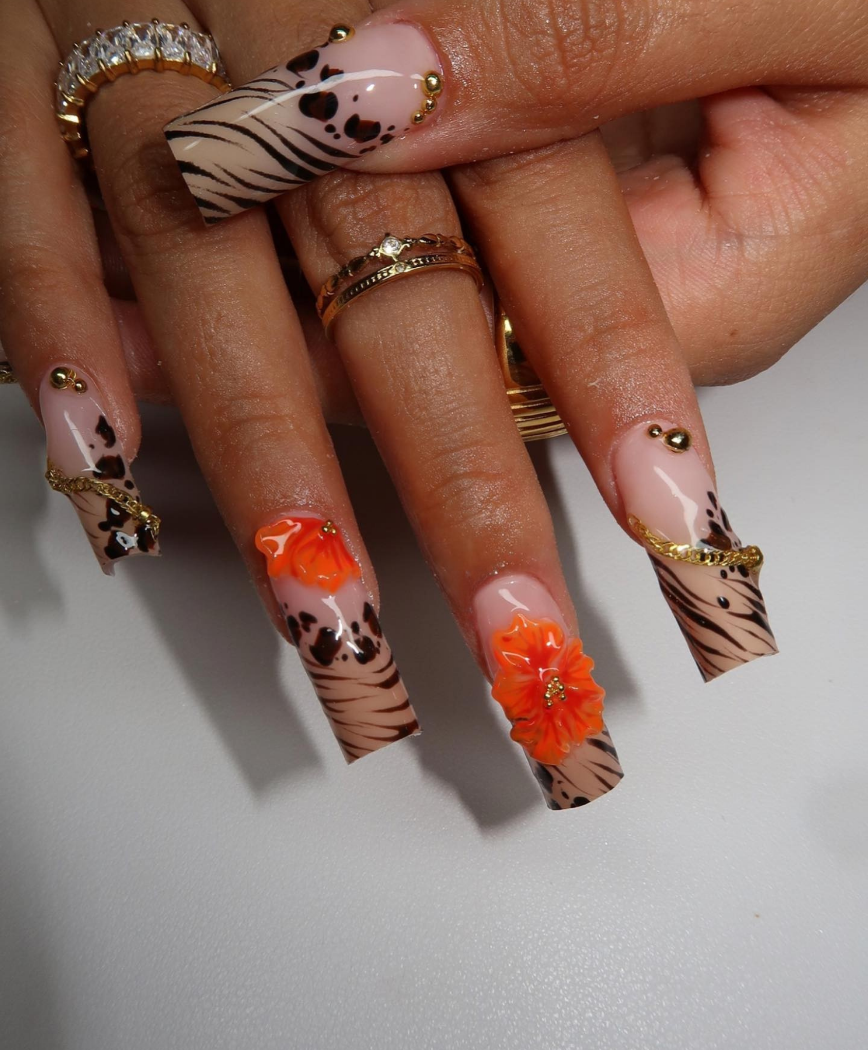 Handmade 3D Orange Flower Animal Print Long Square Press On Nails - Luxury Safari Gold Chain Nails - Tropical Summer & Vacation Nail Art