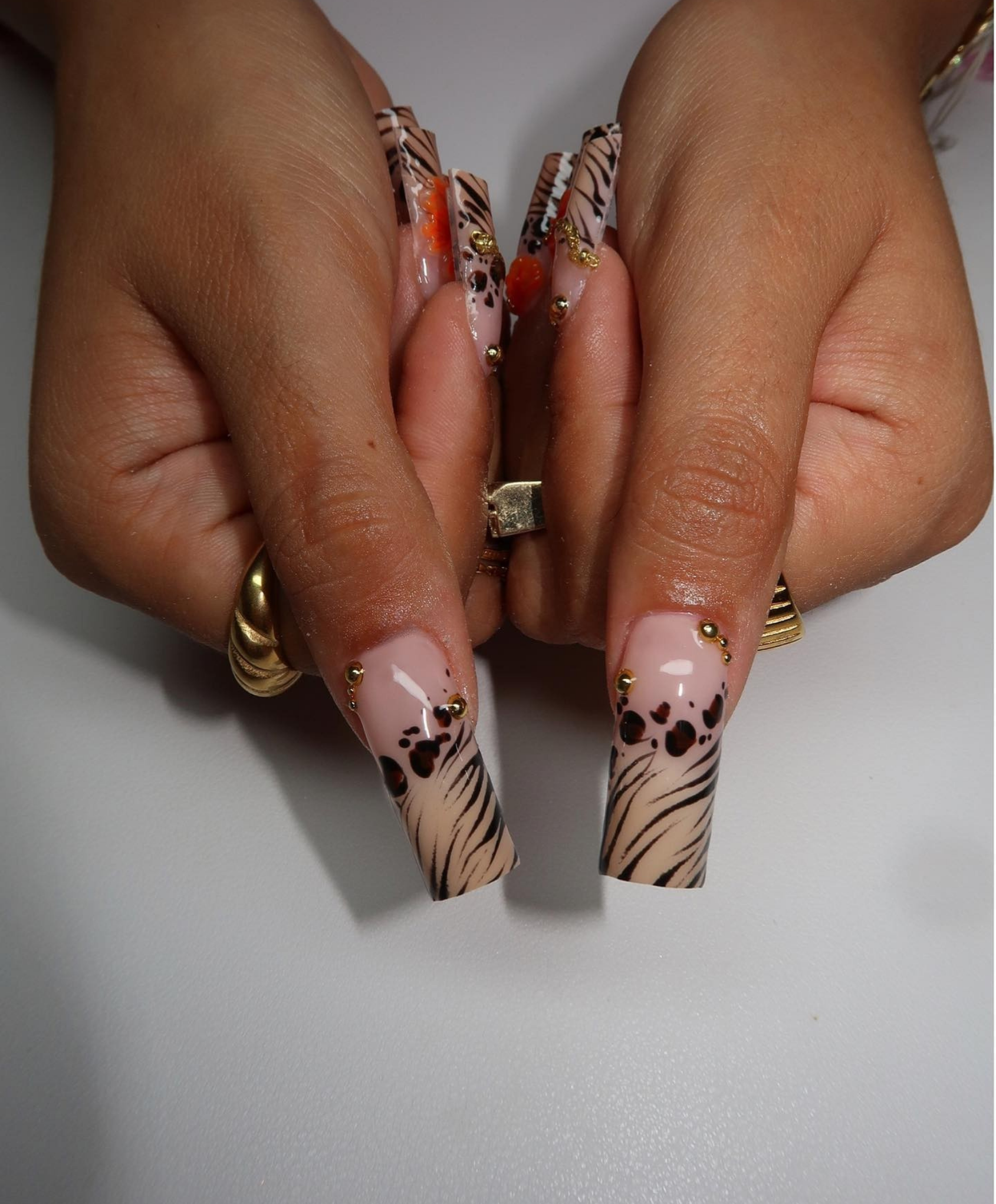 Handmade 3D Orange Flower Animal Print Long Square Press On Nails - Luxury Safari Gold Chain Nails - Tropical Summer & Vacation Nail Art