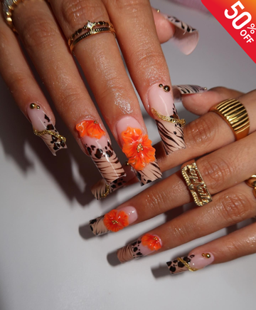 Handmade 3D Orange Flower Animal Print Long Square Press On Nails - Luxury Safari Gold Chain Nails - Tropical Summer & Vacation Nail Art