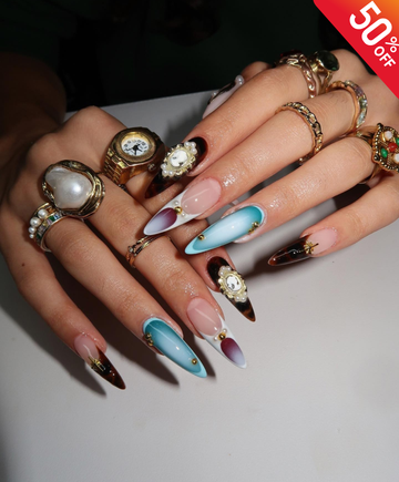 Handmade Vintage Cameo 3D Long Stiletto Press On Nails - Dark Academia Tortoiseshell & Aura Nail Art - Victorian Pearl Luxury Nails