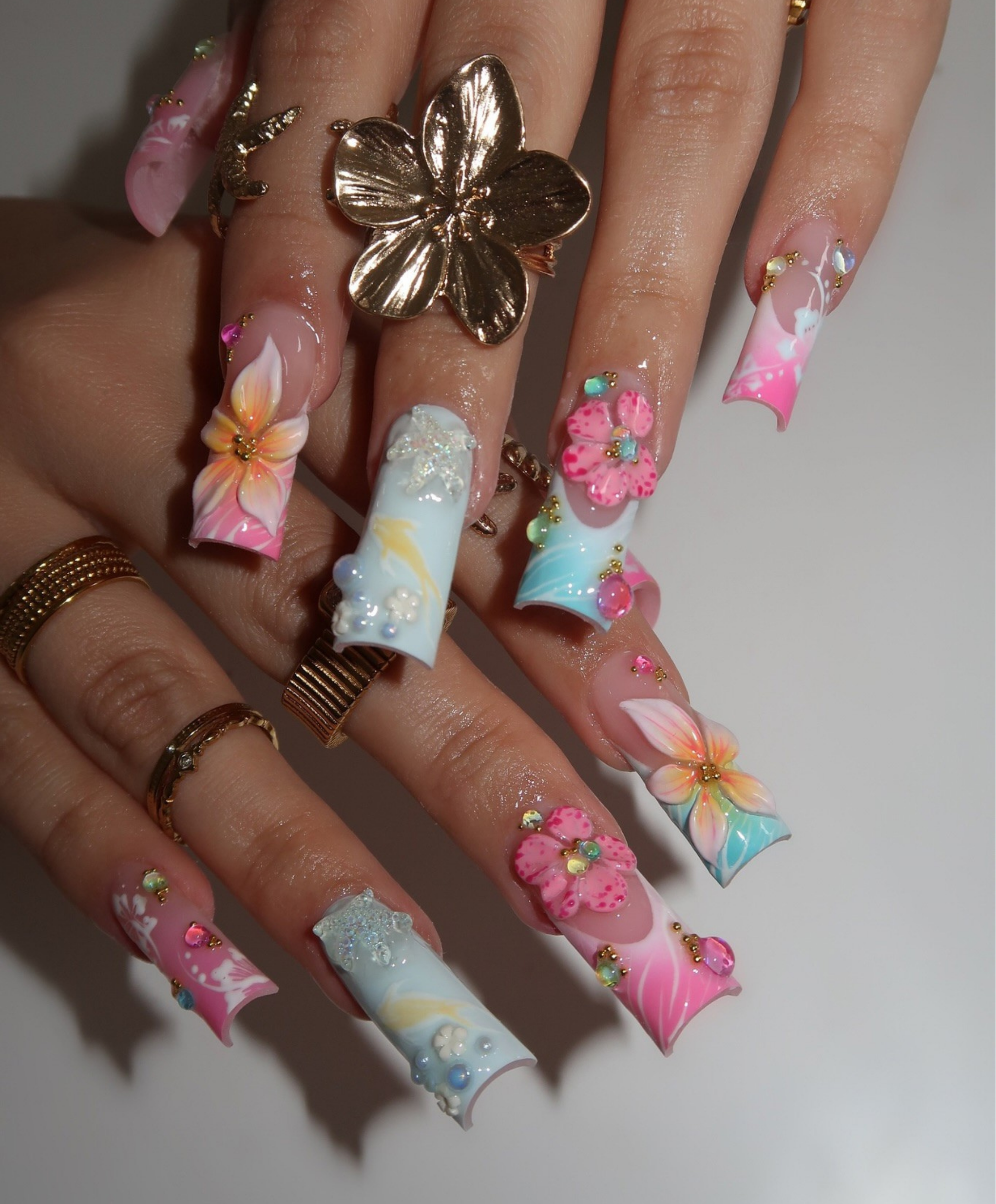 Pastel Tropical 3D Floral Press On Nails | Long Square Hibiscus Nail Art | Pink Blue Ombre Summer Nails | Luxury Rhinestone Handmade Nail Set | Vacation Beach Nails
