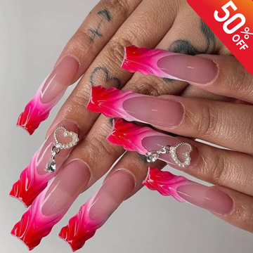 Pink Ombre Heart Charm Press On Nails, 3D Heart Nails, Valentine Nails, Glossy Pink French Tip Nail Set