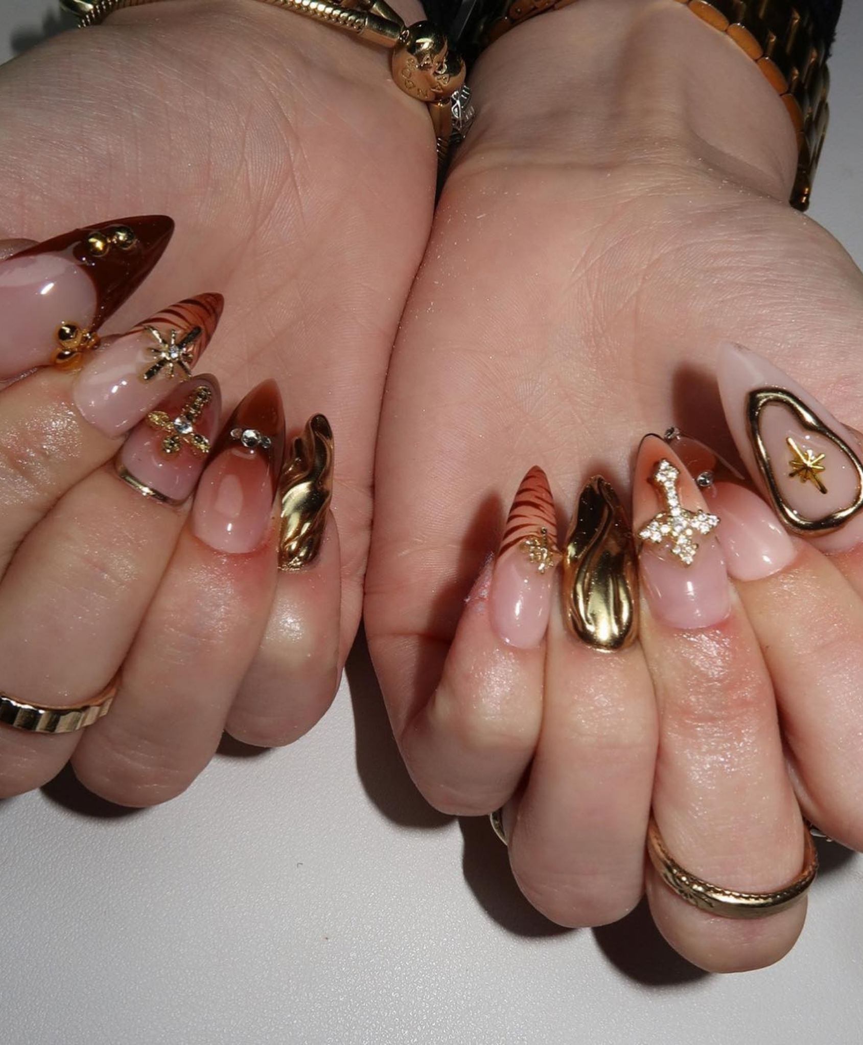 Handmade Gothic Molten Gold Chrome Long Almond Press On Nails - 3D Sword & Cross Luxury Nail Art - Brown Ombre Cyber Aesthetic Fake Nails