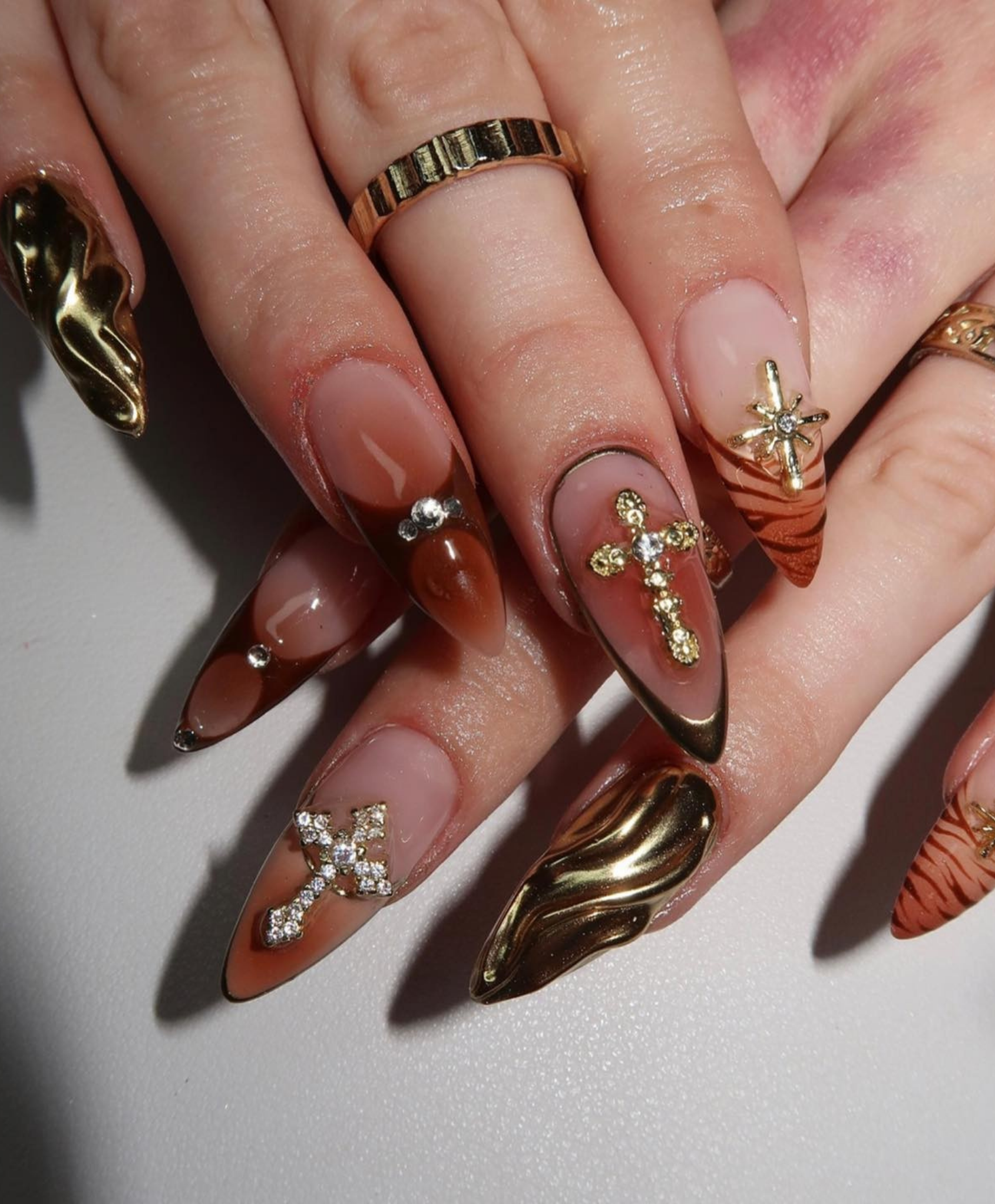 Handmade Gothic Molten Gold Chrome Long Almond Press On Nails - 3D Sword & Cross Luxury Nail Art - Brown Ombre Cyber Aesthetic Fake Nails