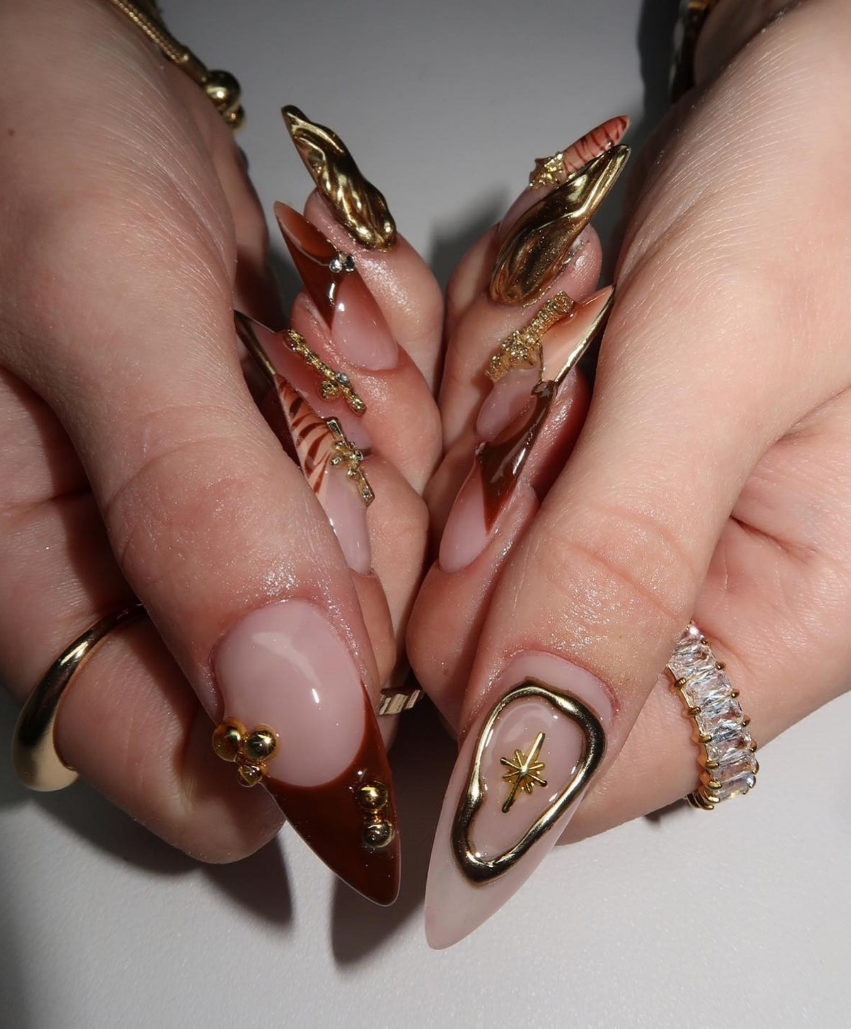 Handmade Gothic Molten Gold Chrome Long Almond Press On Nails - 3D Sword & Cross Luxury Nail Art - Brown Ombre Cyber Aesthetic Fake Nails
