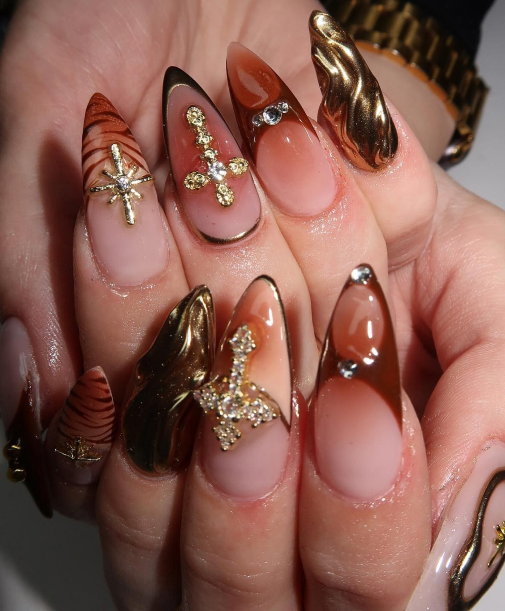 Handmade Gothic Molten Gold Chrome Long Almond Press On Nails - 3D Sword & Cross Luxury Nail Art - Brown Ombre Cyber Aesthetic Fake Nails
