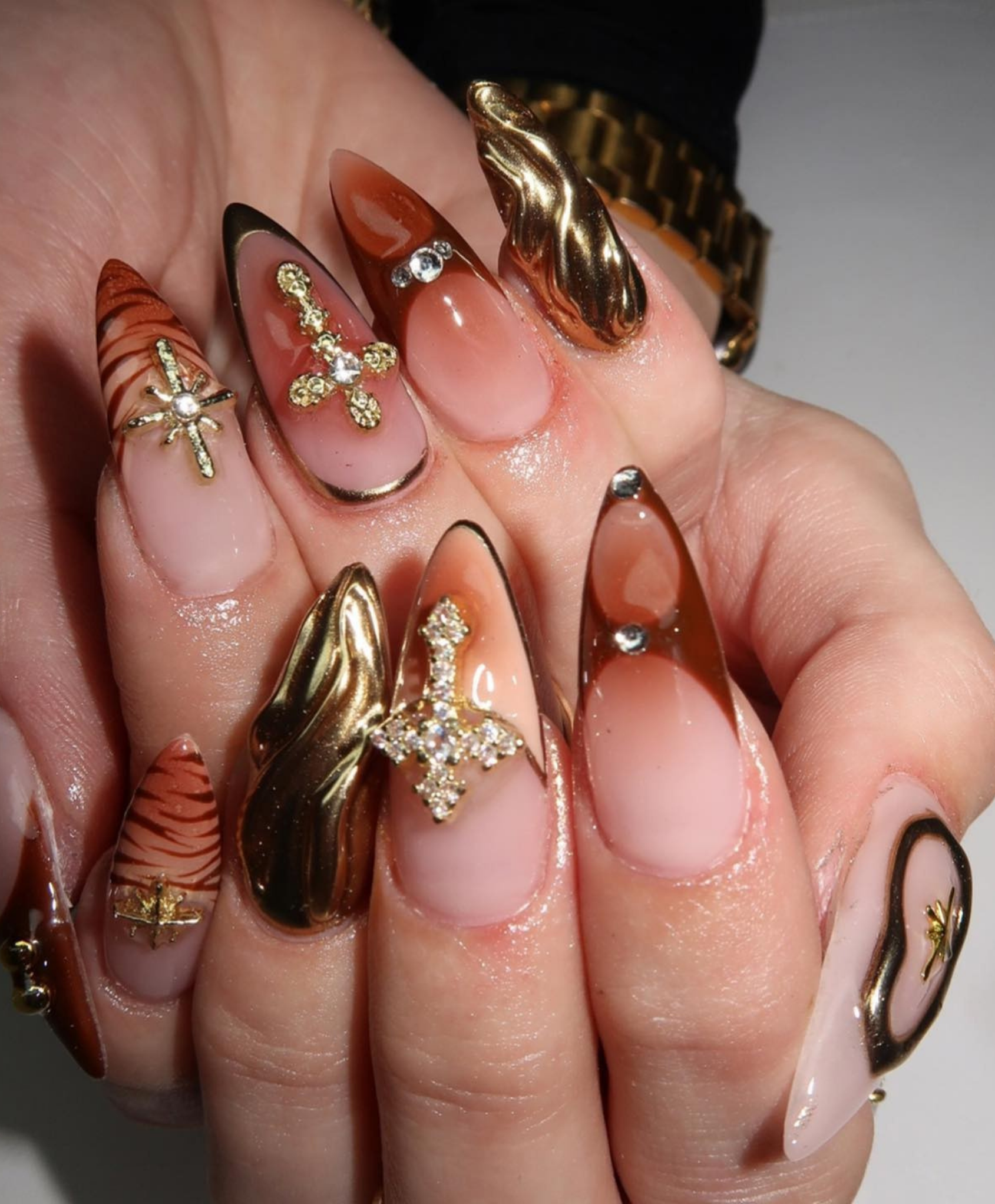 Handmade Gothic Molten Gold Chrome Long Almond Press On Nails - 3D Sword & Cross Luxury Nail Art - Brown Ombre Cyber Aesthetic Fake Nails