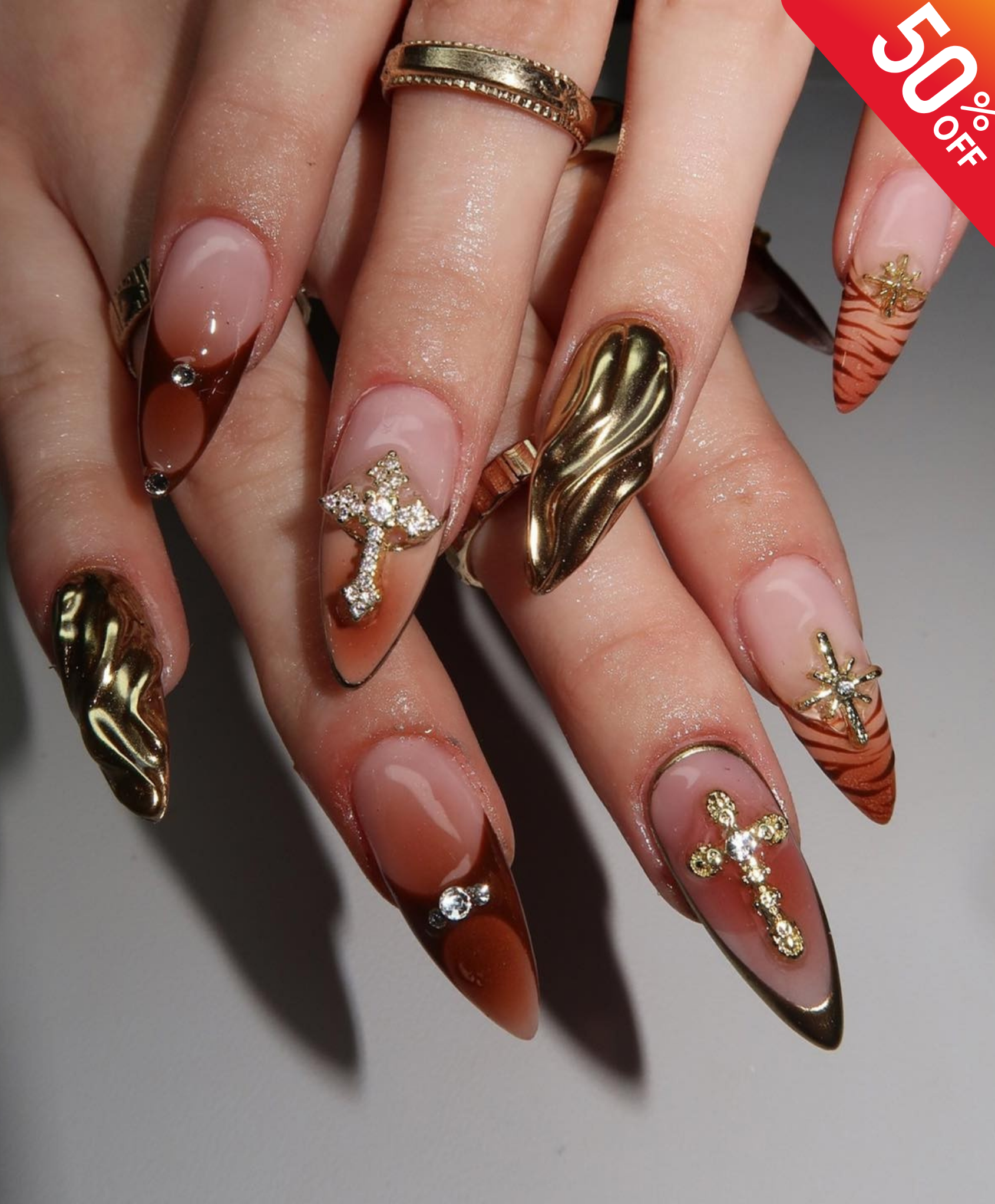 Handmade Gothic Molten Gold Chrome Long Almond Press On Nails - 3D Sword & Cross Luxury Nail Art - Brown Ombre Cyber Aesthetic Fake Nails