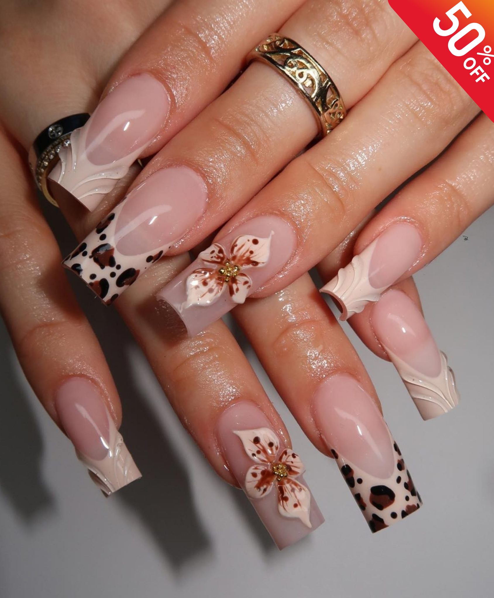 Handmade 3D Flower Leopard French Tip Long Square Press On Nails - Elegant Nude & Brown Animal Print Nail Art - Textured 3D Luxury Nails