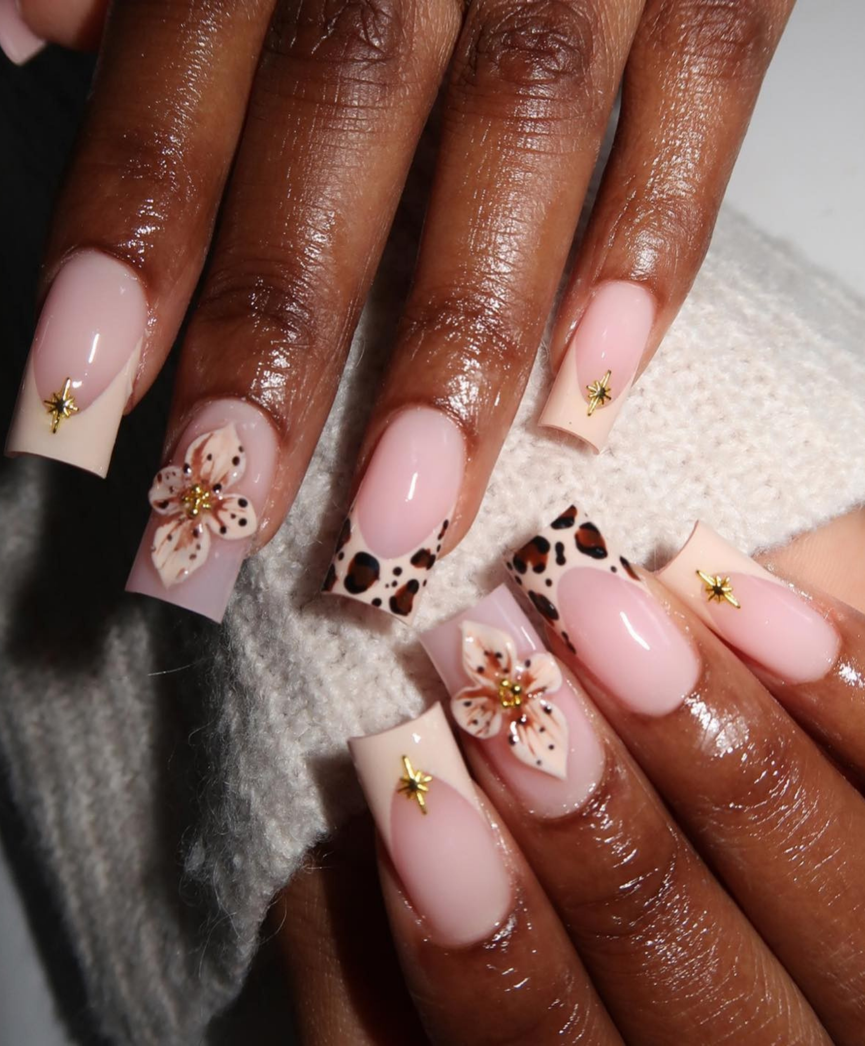 Handmade 3D Flower Leopard French Tip Long Square Press On Nails - Elegant Nude & Brown Animal Print Nail Art - Textured 3D Luxury Nails