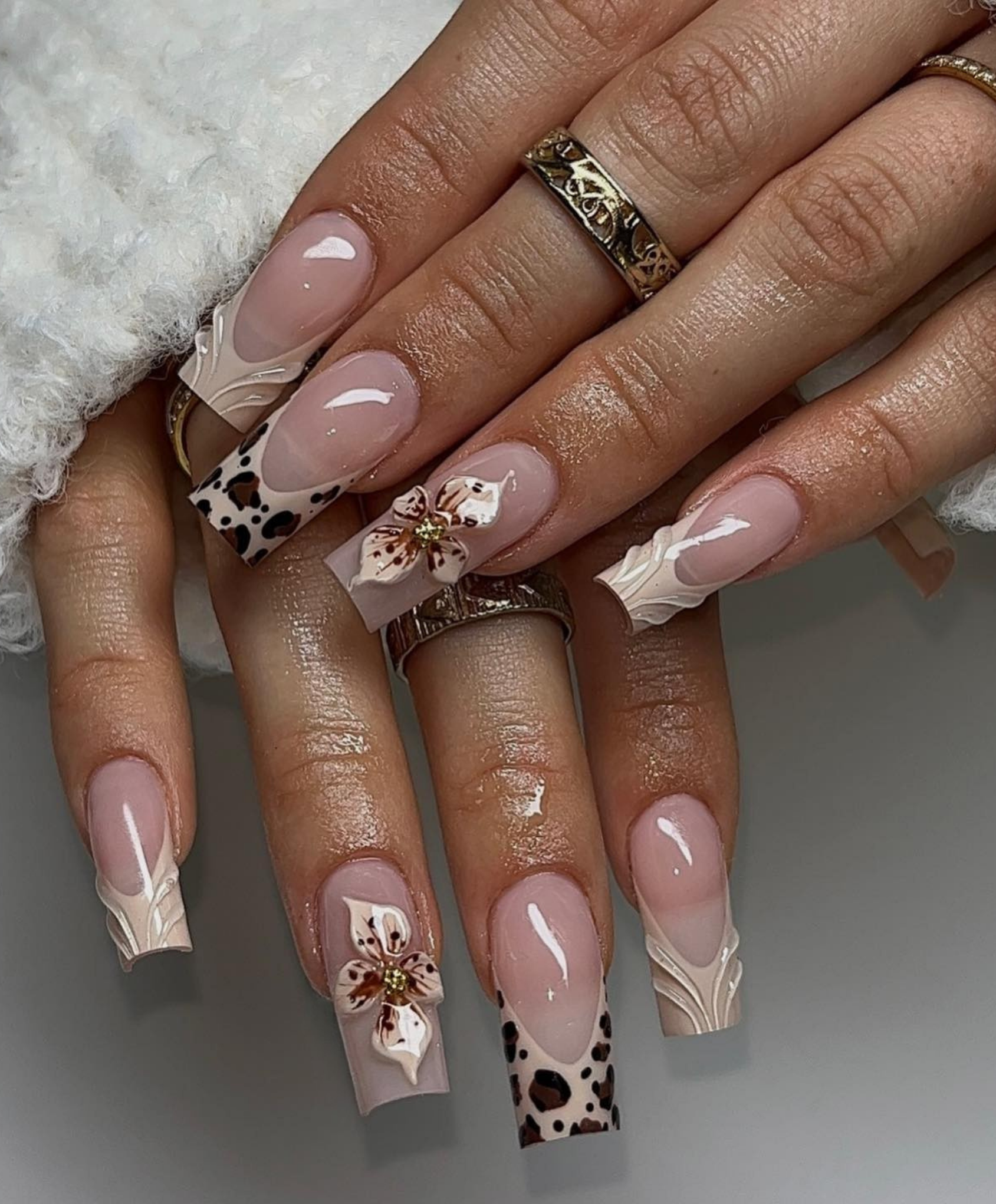 Handmade 3D Flower Leopard French Tip Long Square Press On Nails - Elegant Nude & Brown Animal Print Nail Art - Textured 3D Luxury Nails