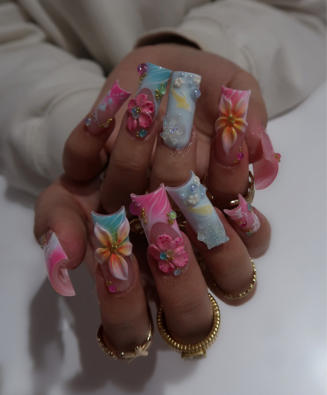 Pastel Tropical 3D Floral Press On Nails | Long Square Hibiscus Nail Art | Pink Blue Ombre Summer Nails | Luxury Rhinestone Handmade Nail Set | Vacation Beach Nails