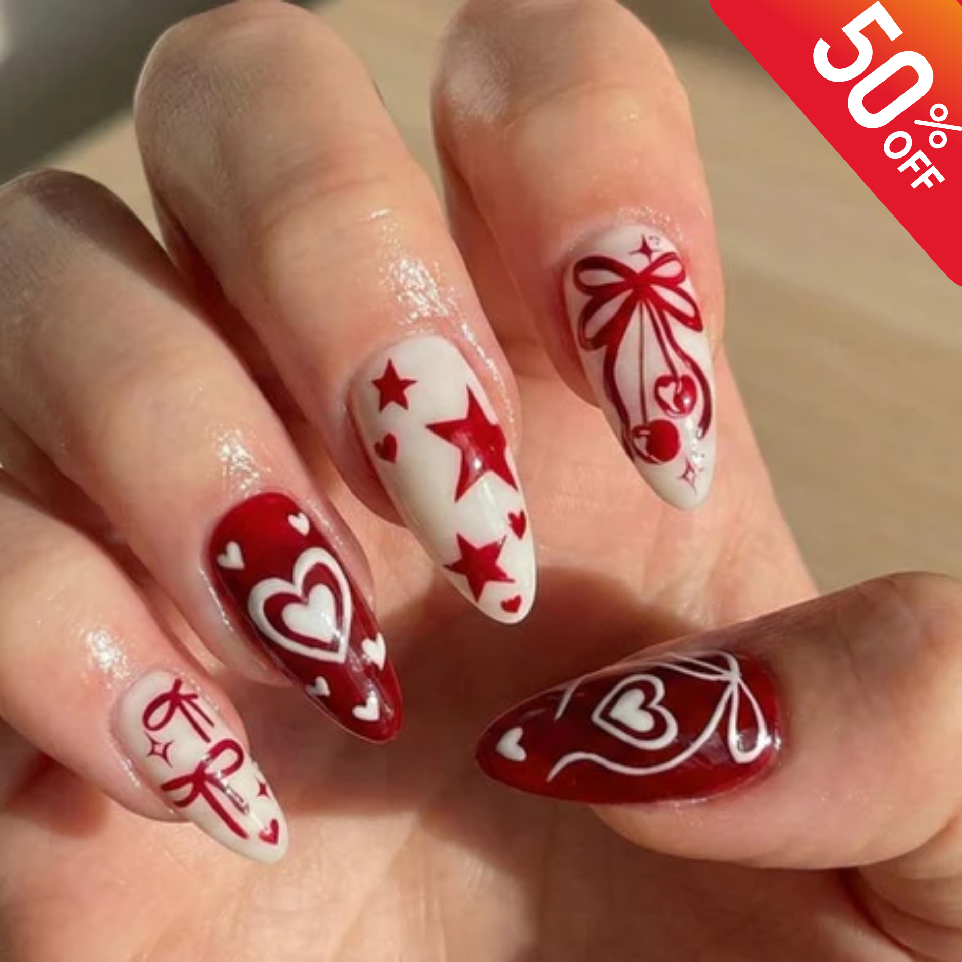 Crimson Valentine Bow Press On Nails for Romantic Girls | Handmade Ribbon & Star Fake Nails | Cream Red Vintage Heart Nail Art