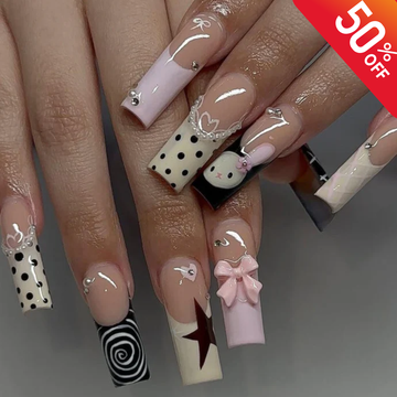 Star Glam Rock Press On Nails | Pink & Black Star Nail Art | Polka Dot French Tip Nails | Edgy Y2K Nail Design | Handmade Kawaii Nails
