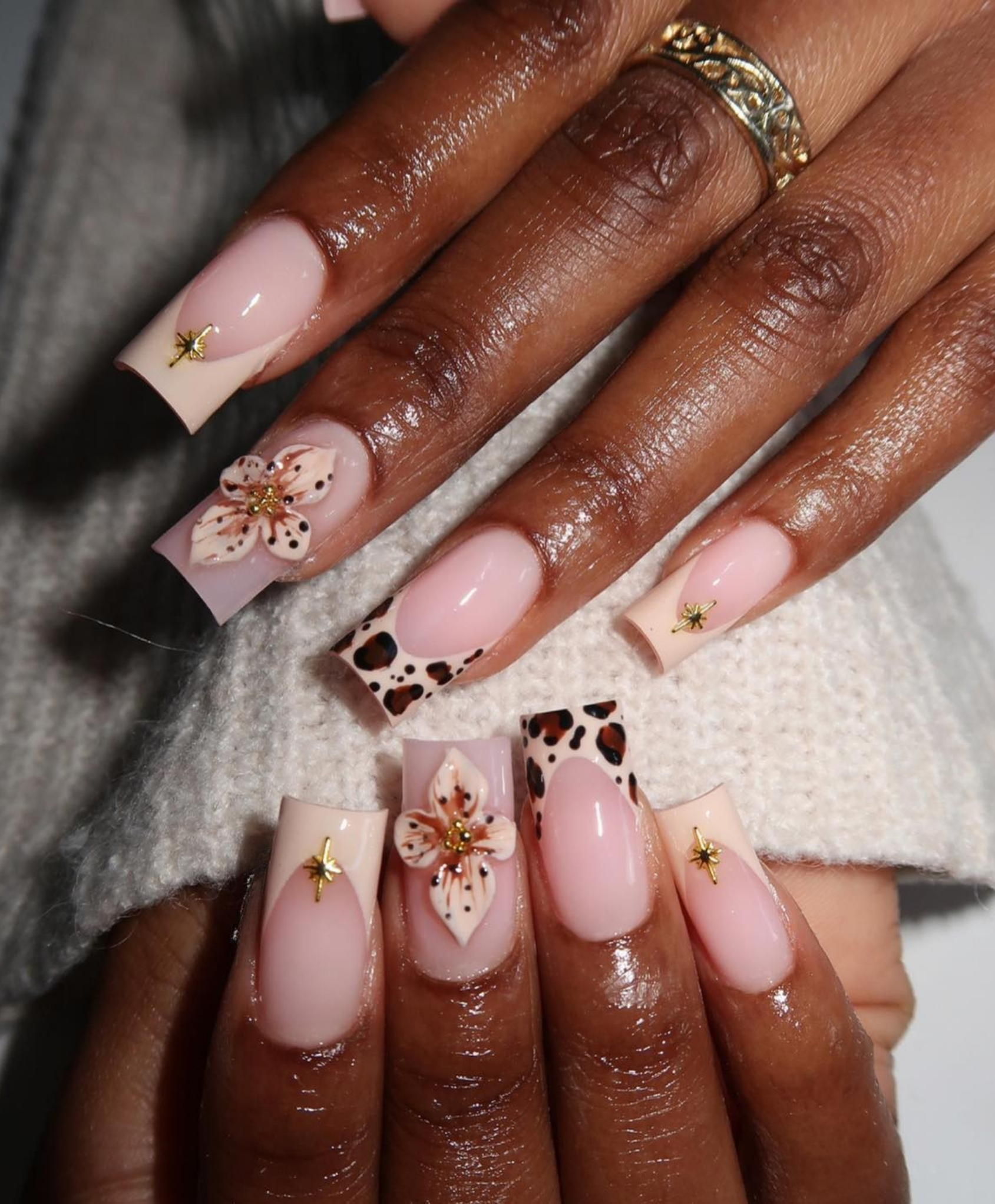 Handmade 3D Flower Leopard French Tip Long Square Press On Nails - Elegant Nude & Brown Animal Print Nail Art - Textured 3D Luxury Nails