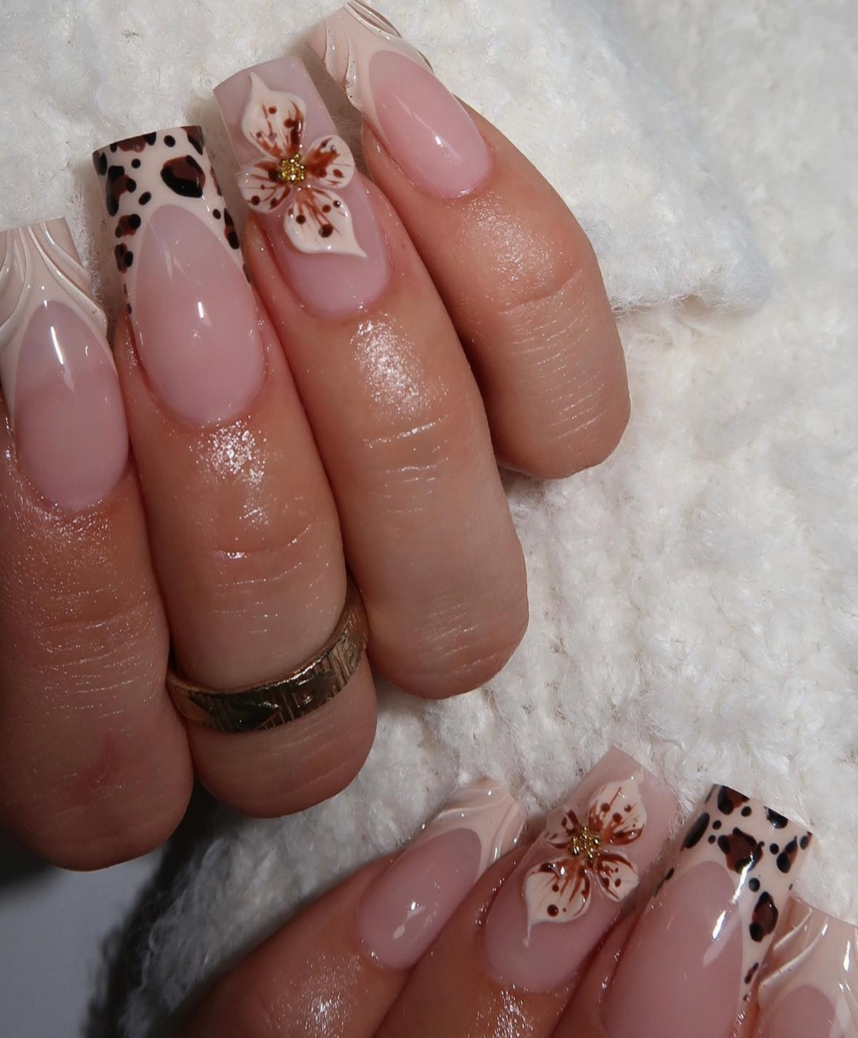 Handmade 3D Flower Leopard French Tip Long Square Press On Nails - Elegant Nude & Brown Animal Print Nail Art - Textured 3D Luxury Nails