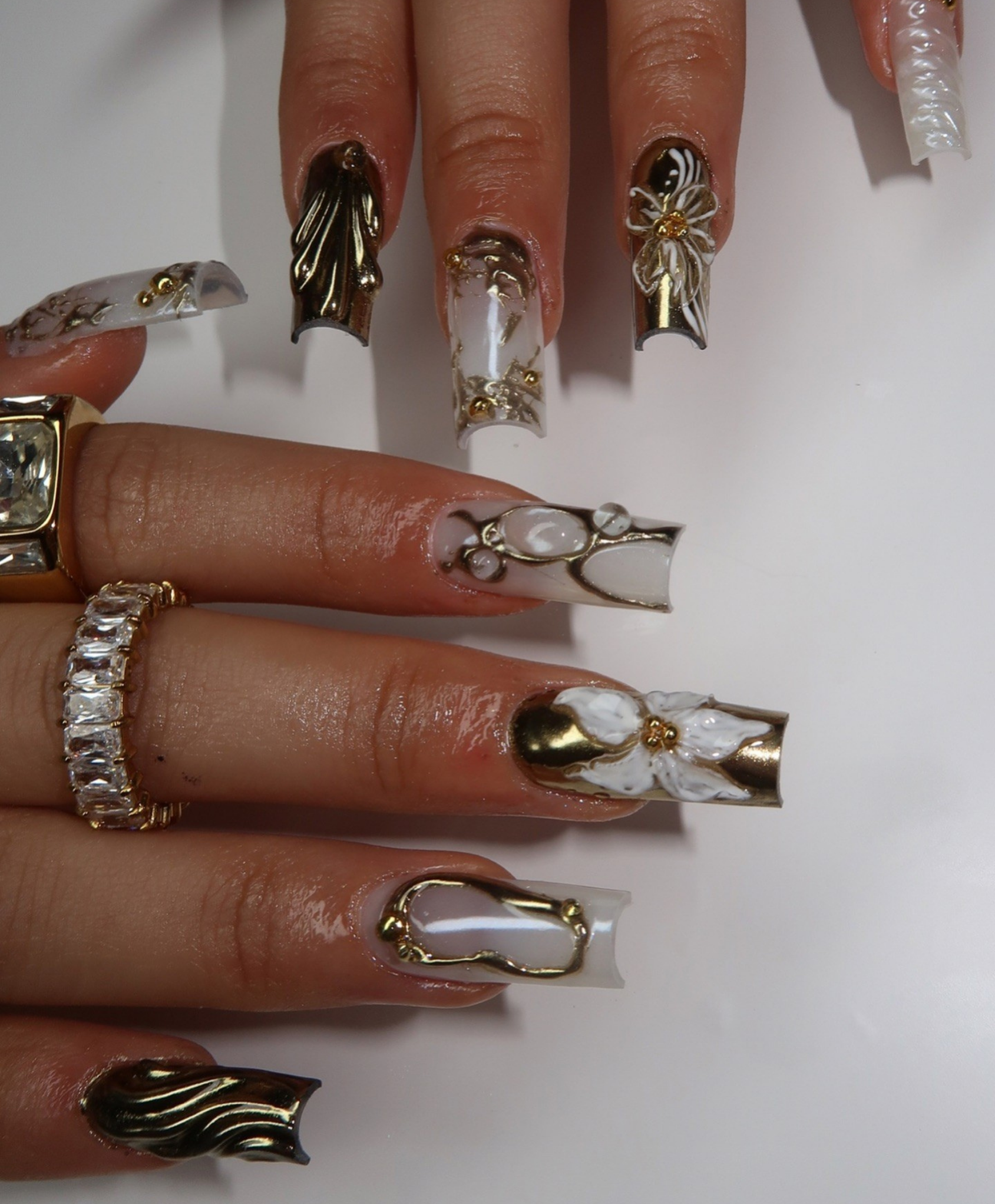 Handmade 3D Molten Gold Chrome Long Square Press On Nails - Luxury Pearl White Flower Nail Art - Cyber Sigilism & Baroque Luxury Fake Nails