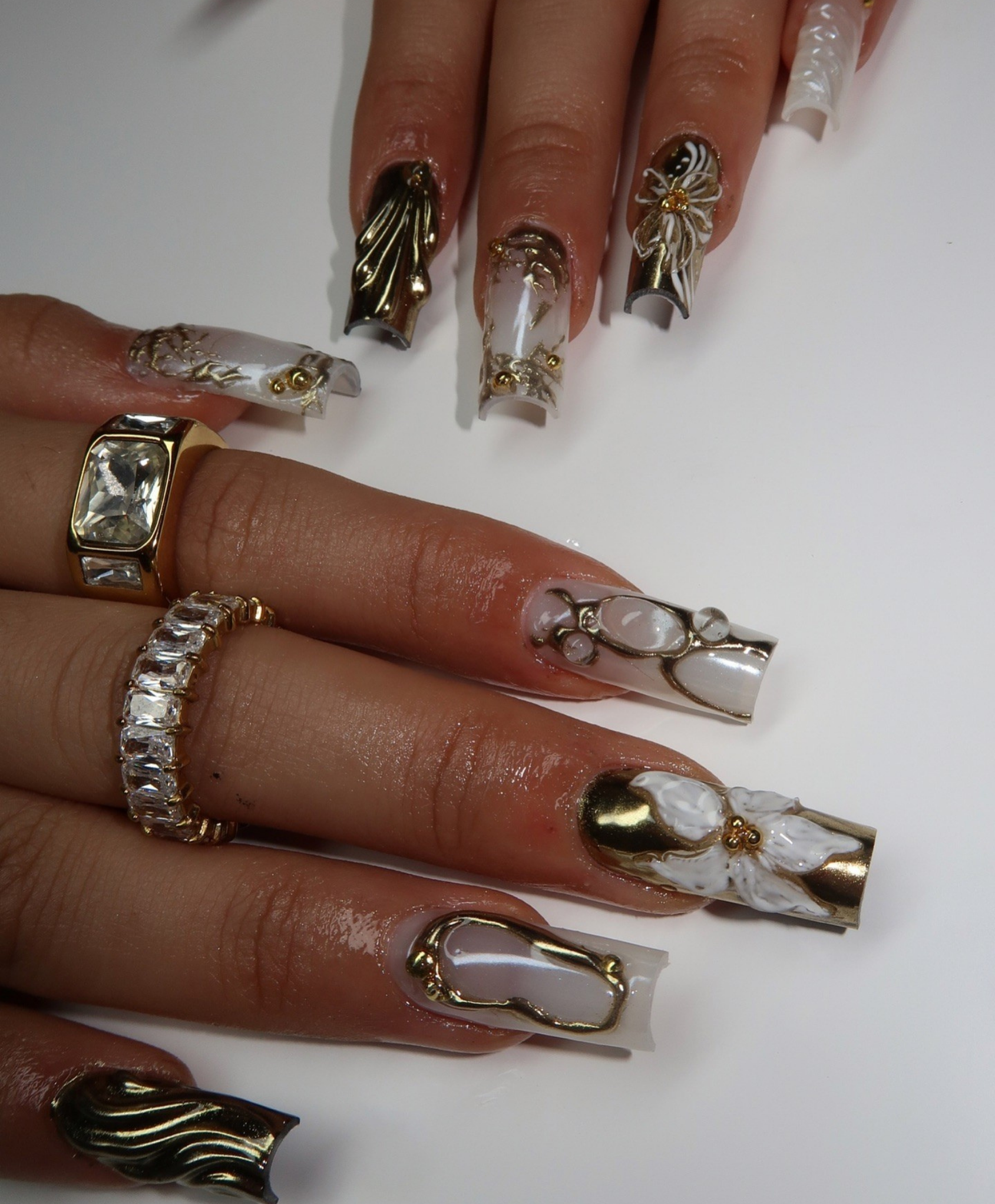Handmade 3D Molten Gold Chrome Long Square Press On Nails - Luxury Pearl White Flower Nail Art - Cyber Sigilism & Baroque Luxury Fake Nails
