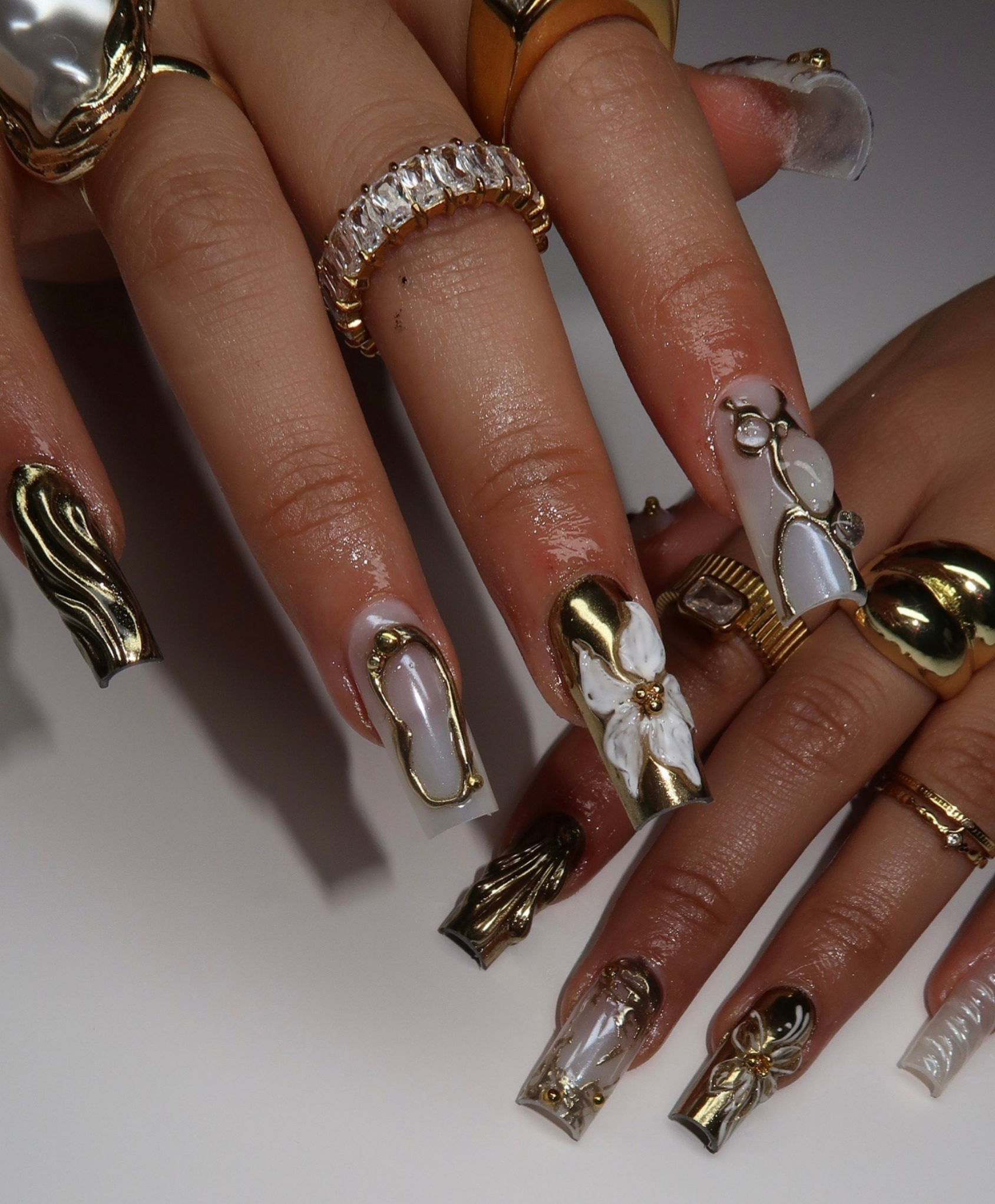 Handmade 3D Molten Gold Chrome Long Square Press On Nails - Luxury Pearl White Flower Nail Art - Cyber Sigilism & Baroque Luxury Fake Nails