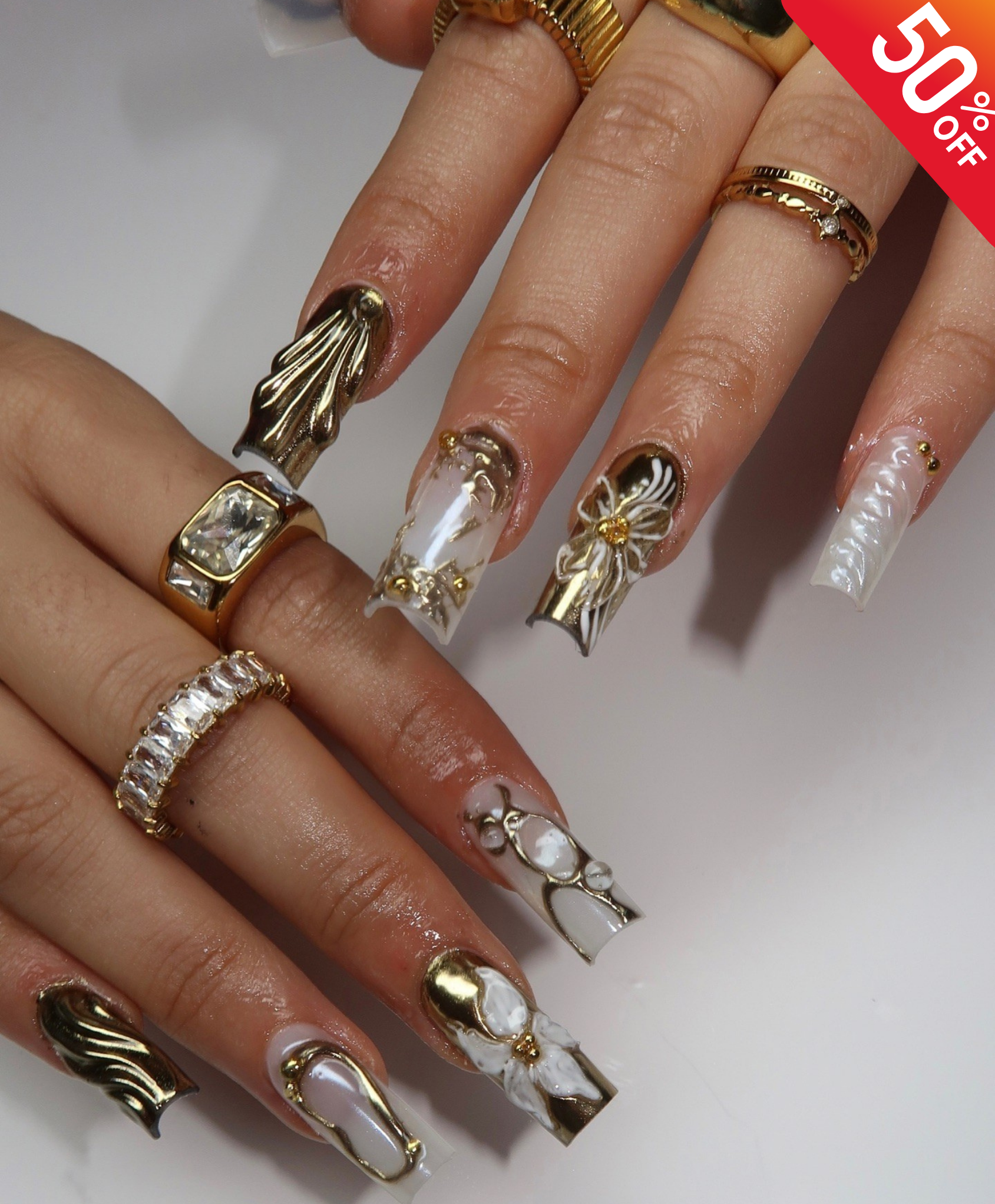 Handmade 3D Molten Gold Chrome Long Square Press On Nails - Luxury Pearl White Flower Nail Art - Cyber Sigilism & Baroque Luxury Fake Nails