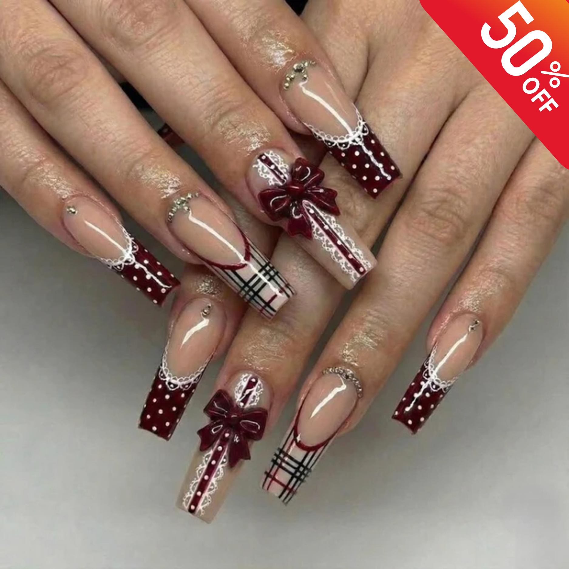 Luxury Burgundy French Tip Nails with 3D Bow, Plaid Holiday Press On Nails, Winter Lace Design, Long Square Reusable Nails