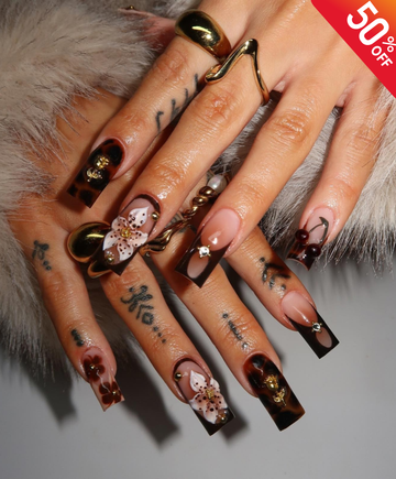 Handmade 3D Flower Tortoiseshell Long Square Press On Nails - Vintage Gold Rose & Cherry Nail Art - Dark Academia Luxury Fake Nails