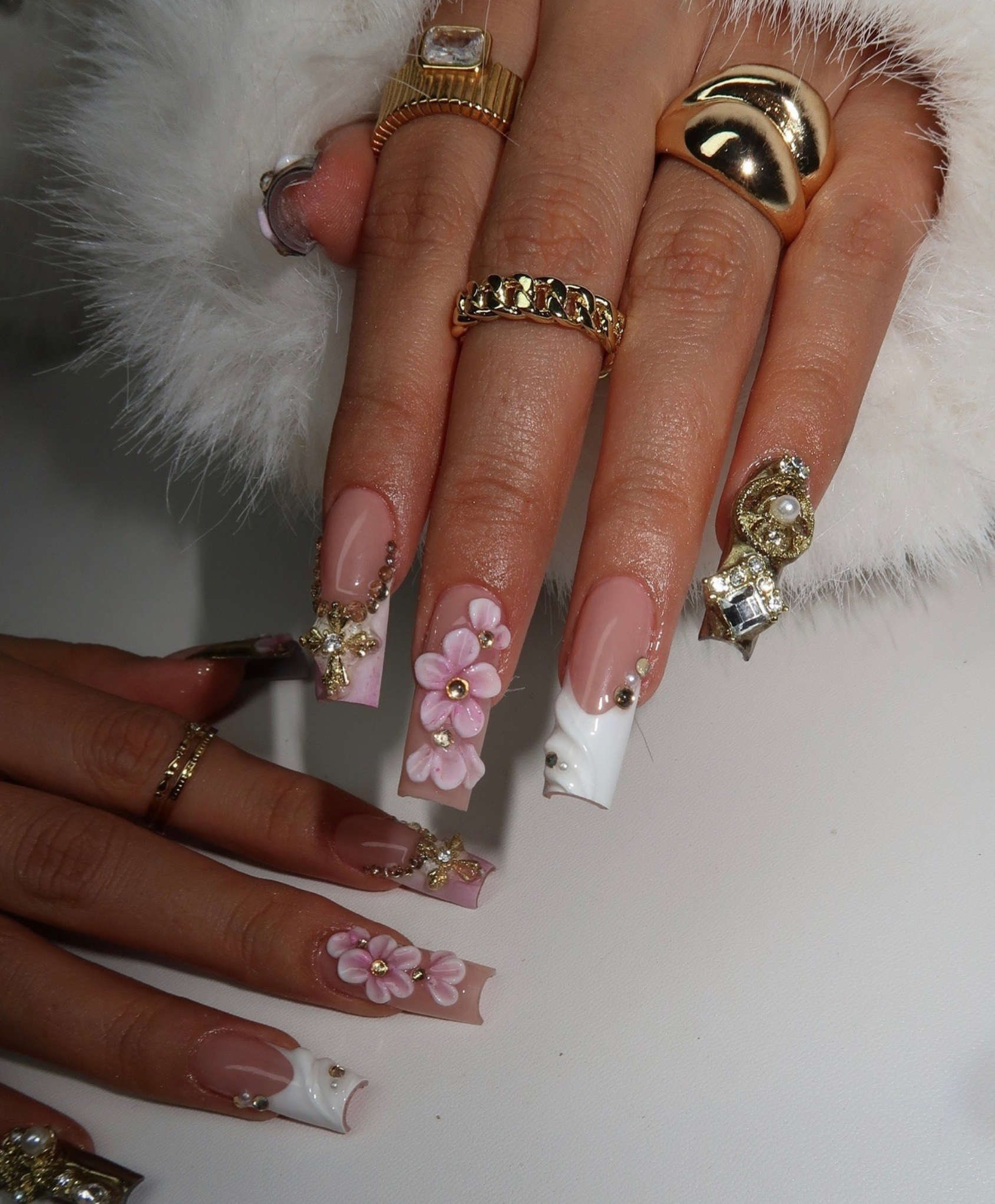 Handmade 3D Pink Flower & Gold Cross Long Square Press On Nails - Luxury Pearl Shell French Tip Nail Art - Coquette Baroque Wedding Nails