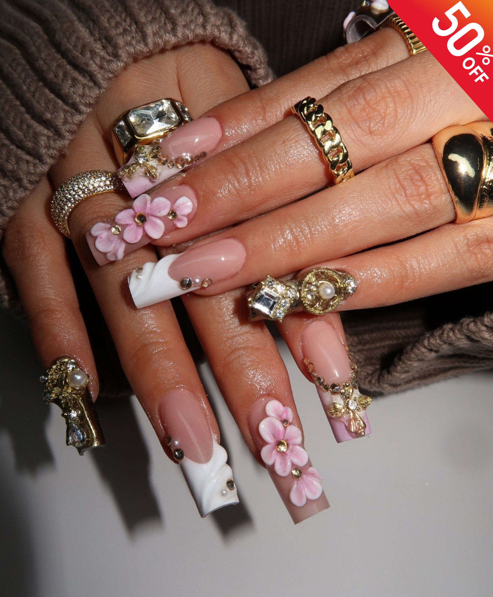 Handmade 3D Pink Flower & Gold Cross Long Square Press On Nails - Luxury Pearl Shell French Tip Nail Art - Coquette Baroque Wedding Nails