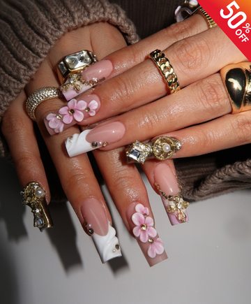 Handmade 3D Pink Flower & Gold Cross Long Square Press On Nails - Luxury Pearl Shell French Tip Nail Art - Coquette Baroque Wedding Nails