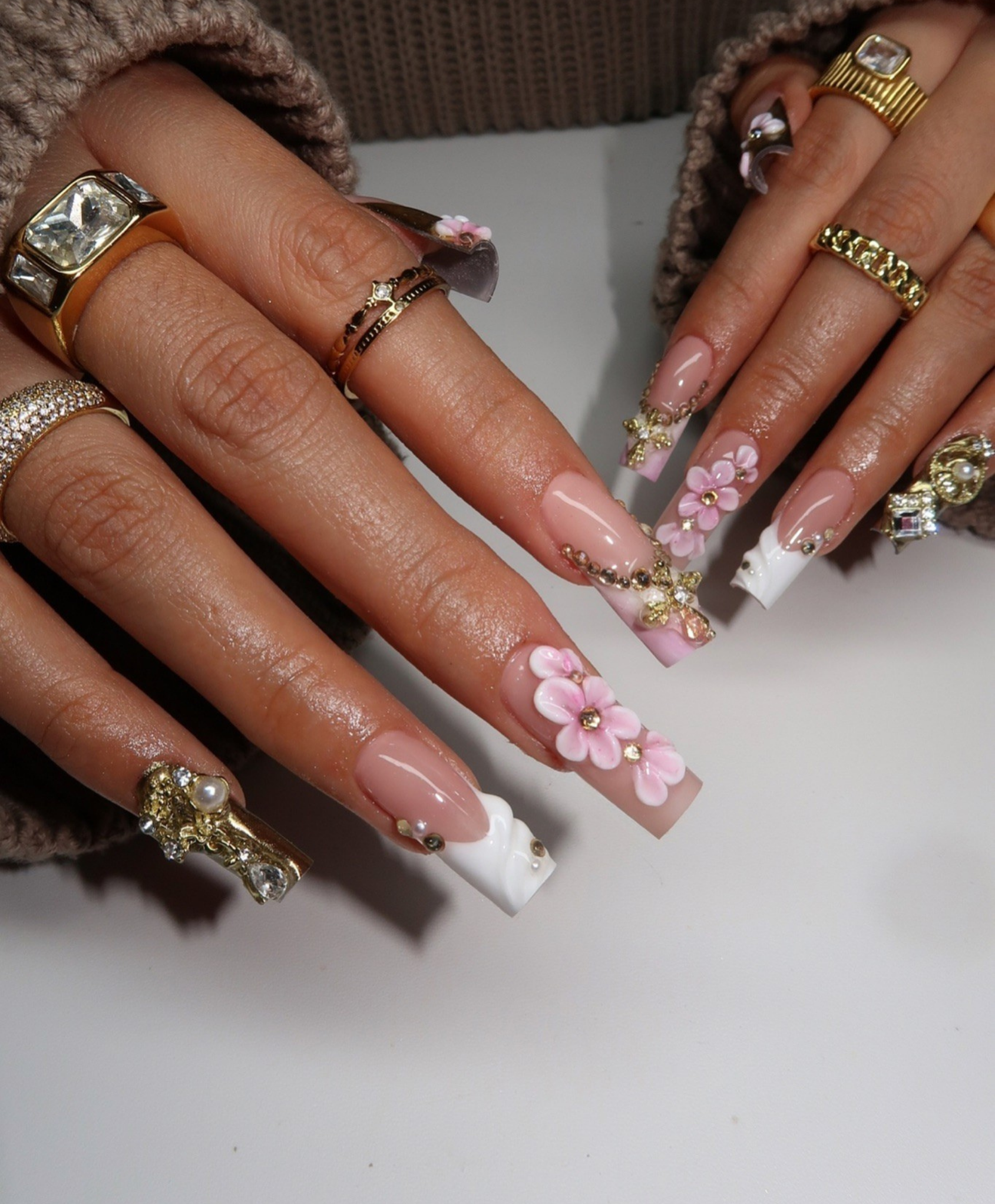Handmade 3D Pink Flower & Gold Cross Long Square Press On Nails - Luxury Pearl Shell French Tip Nail Art - Coquette Baroque Wedding Nails