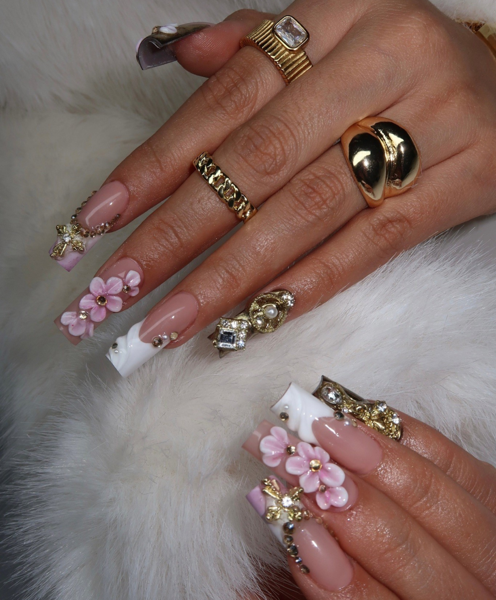 Handmade 3D Pink Flower & Gold Cross Long Square Press On Nails - Luxury Pearl Shell French Tip Nail Art - Coquette Baroque Wedding Nails
