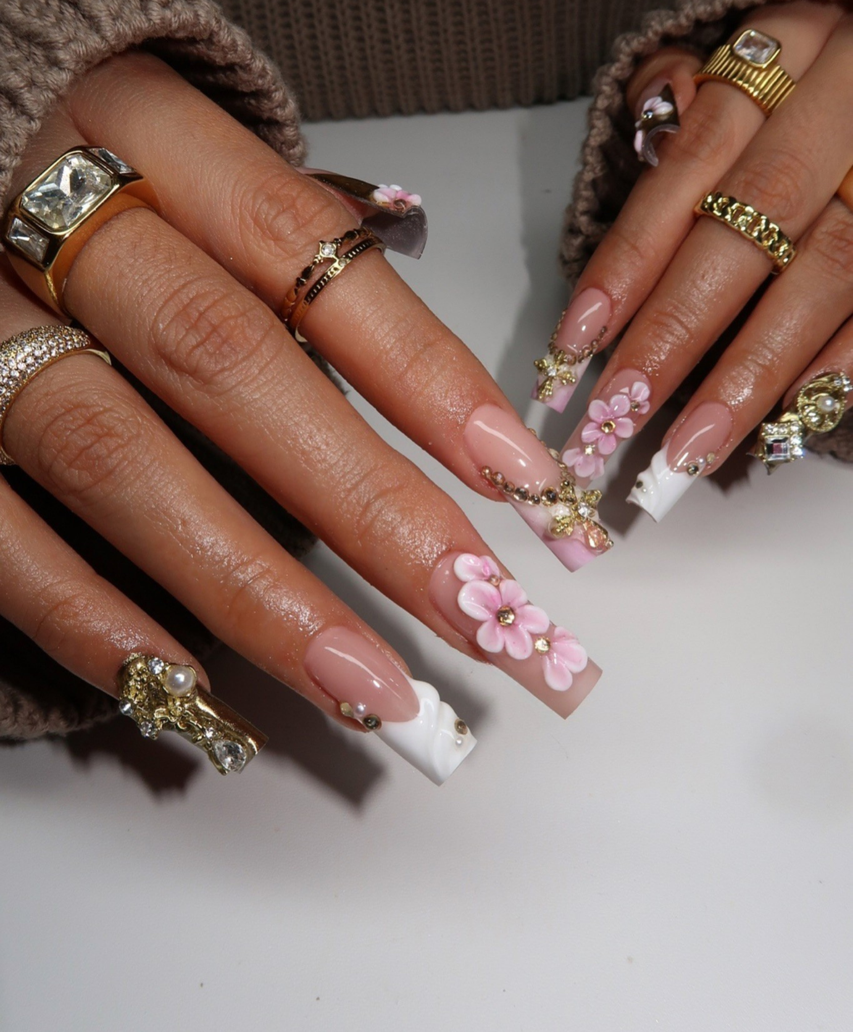 Handmade 3D Pink Flower & Gold Cross Long Square Press On Nails - Luxury Pearl Shell French Tip Nail Art - Coquette Baroque Wedding Nails