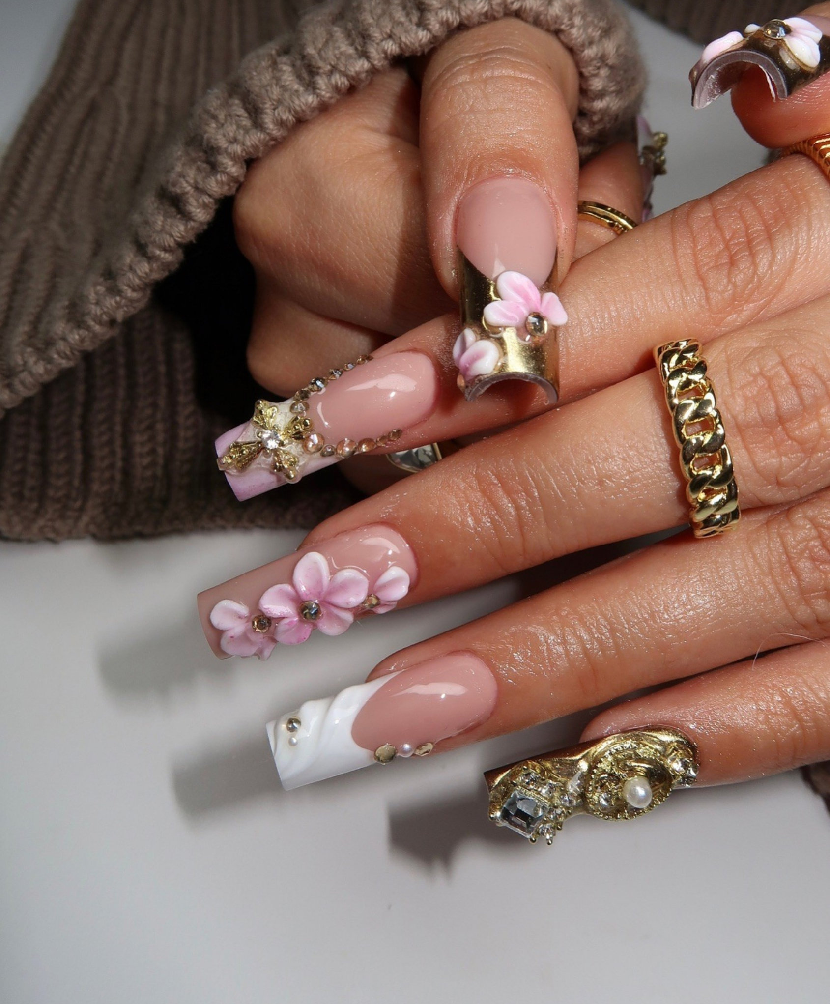 Handmade 3D Pink Flower & Gold Cross Long Square Press On Nails - Luxury Pearl Shell French Tip Nail Art - Coquette Baroque Wedding Nails