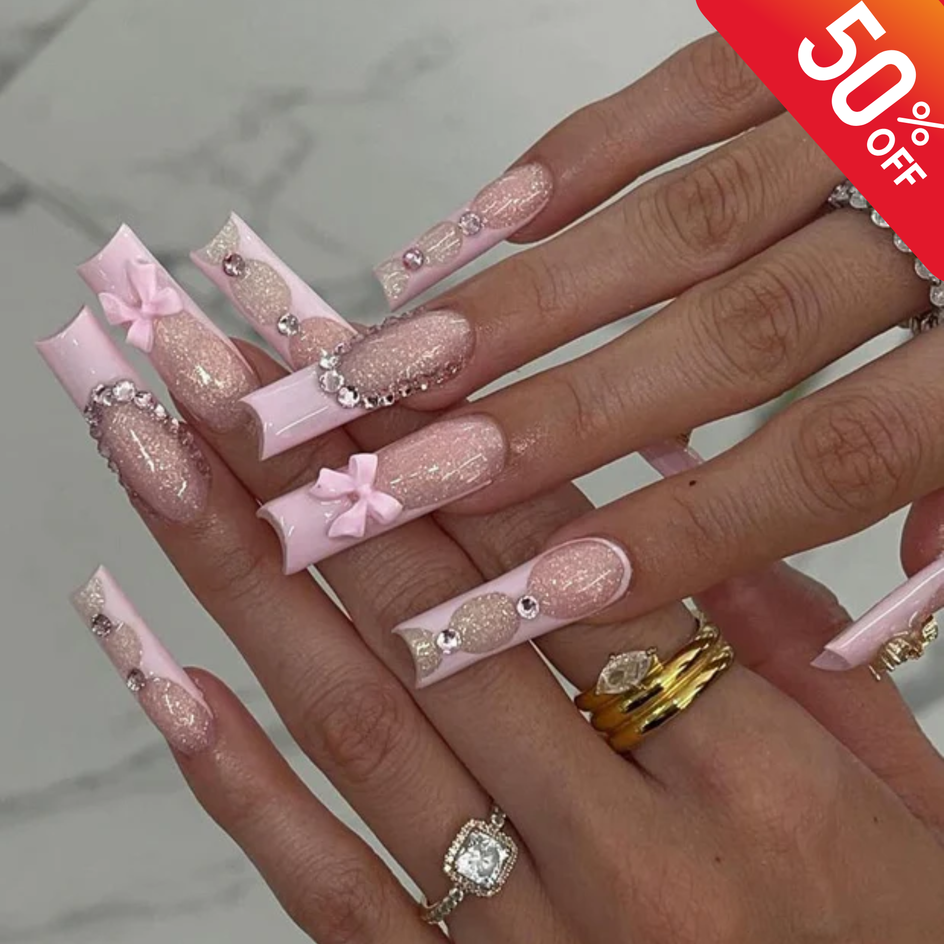 Princess Crystal Bow Press On Nails: Light Pink Cat Eye, Glitter French Tip | Valentines Pink Bow Press On Nails | Pink French Nail Art