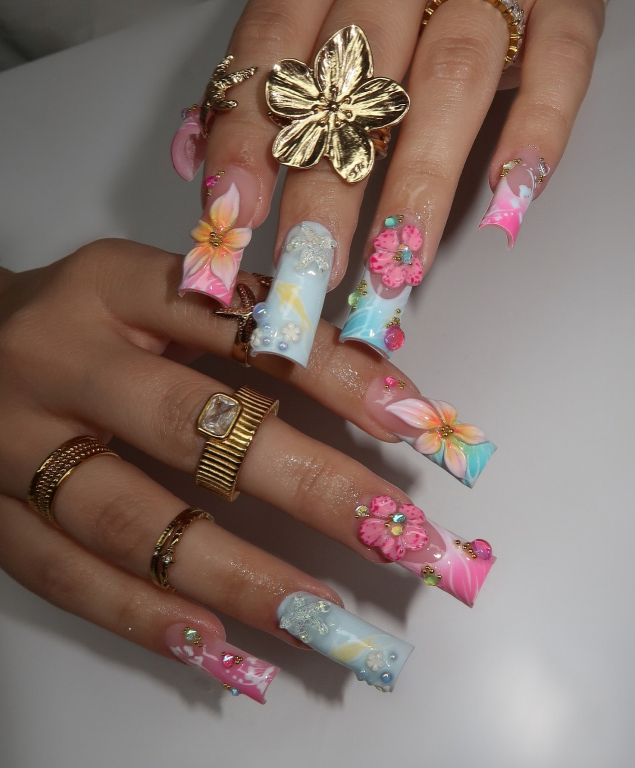 Pastel Tropical 3D Floral Press On Nails | Long Square Hibiscus Nail Art | Pink Blue Ombre Summer Nails | Luxury Rhinestone Handmade Nail Set | Vacation Beach Nails