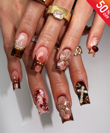Handmade 3D Cherry & Tortoise Shell Press On Nails | Dark Red Floral Luxury Fake Nails | Long Square Autumn Nails for Fall & Date Night