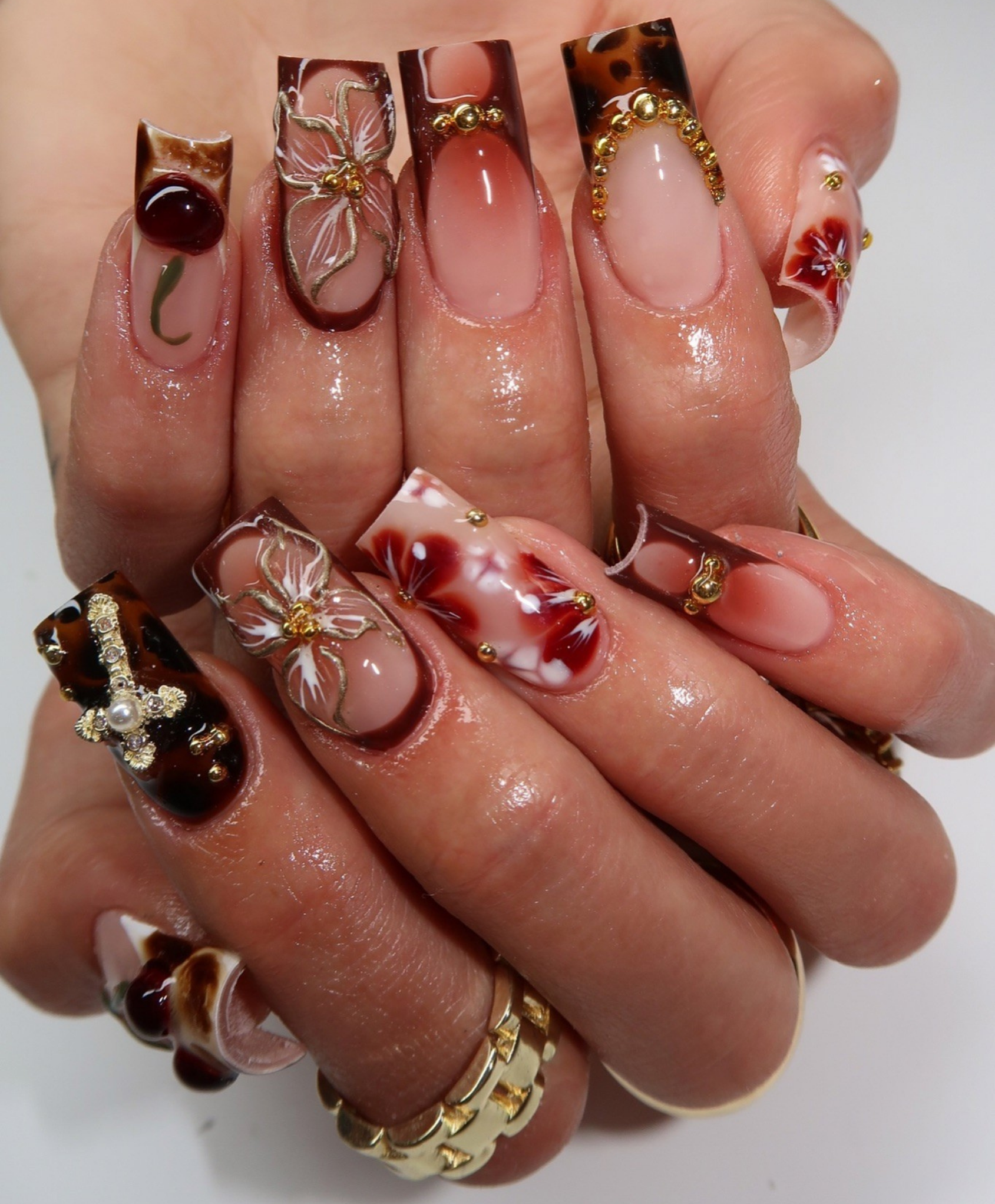 Handmade 3D Cherry & Tortoise Shell Press On Nails | Dark Red Floral Luxury Fake Nails | Long Square Autumn Nails for Fall & Date Night