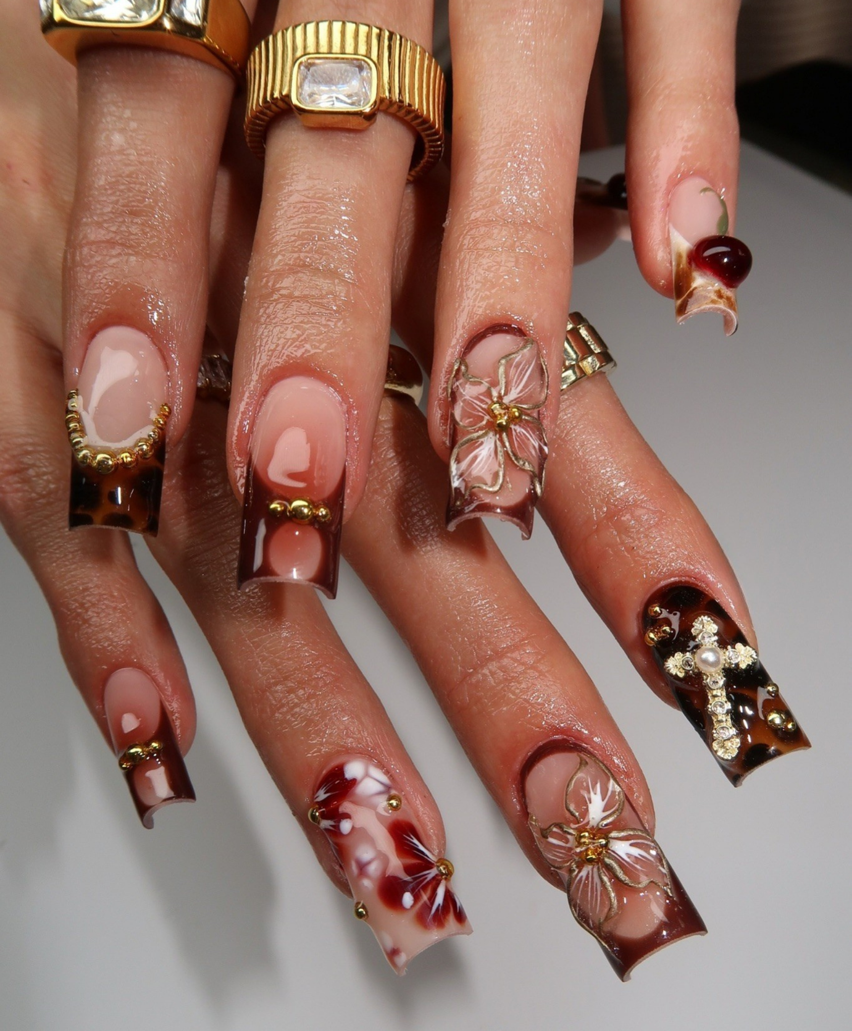 Handmade 3D Cherry & Tortoise Shell Press On Nails | Dark Red Floral Luxury Fake Nails | Long Square Autumn Nails for Fall & Date Night