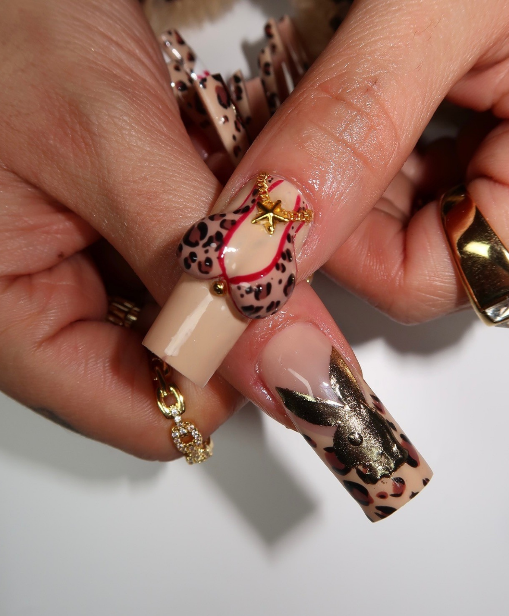 Handmade Y2K Leopard Print 3D Charm Press On Nails | Retro Cherry 8-Ball Dice Luxury Fake Nails | Long Square Baddie Nails for Birthday & Event