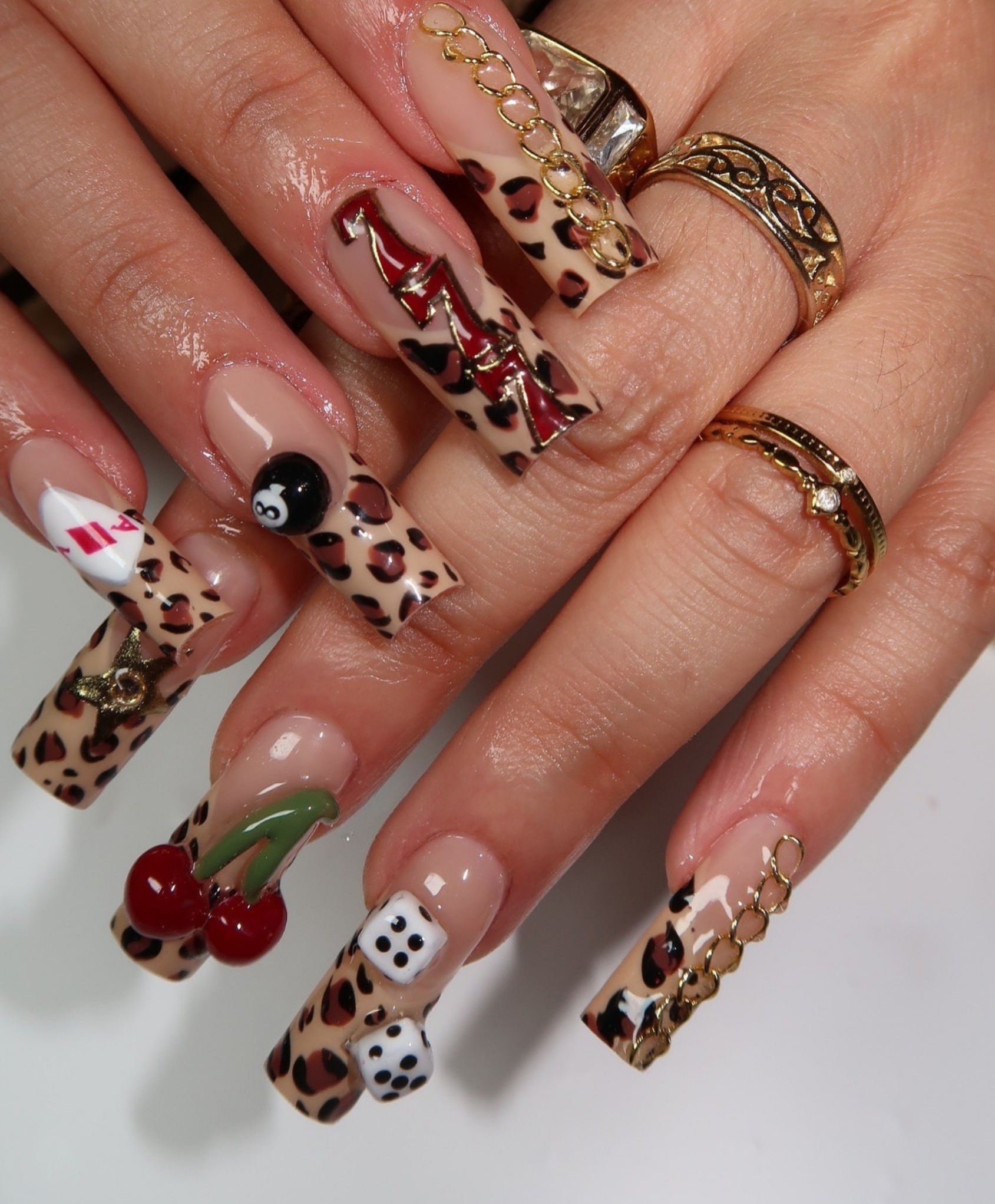 Handmade Y2K Leopard Print 3D Charm Press On Nails | Retro Cherry 8-Ball Dice Luxury Fake Nails | Long Square Baddie Nails for Birthday & Event