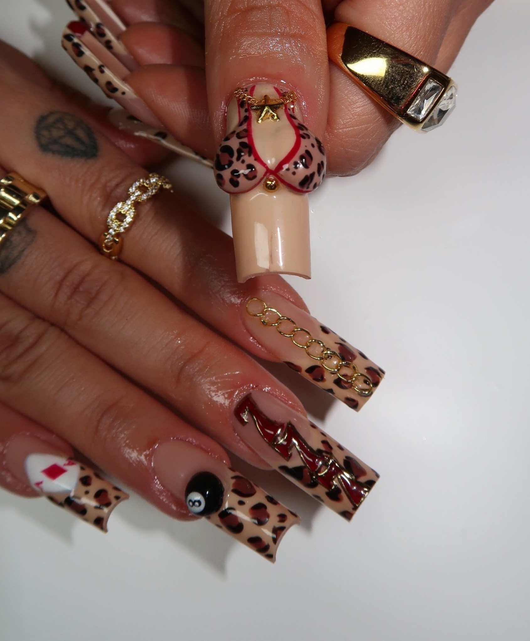 Handmade Y2K Leopard Print 3D Charm Press On Nails | Retro Cherry 8-Ball Dice Luxury Fake Nails | Long Square Baddie Nails for Birthday & Event