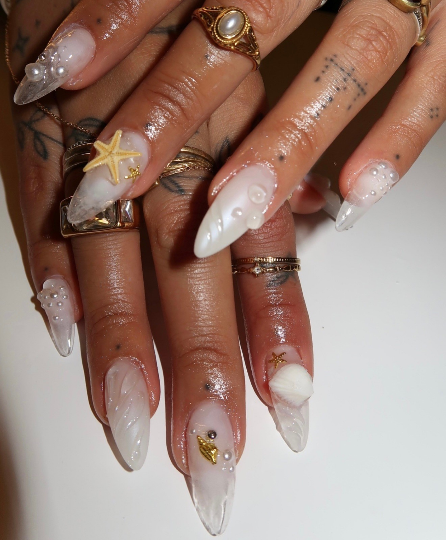 Handmade 3D Mermaid Shell Press On Nails | Iridescent Pearl & Starfish Luxury Fake Nails | Long Almond Beach Wedding Nails for Summer Vacation