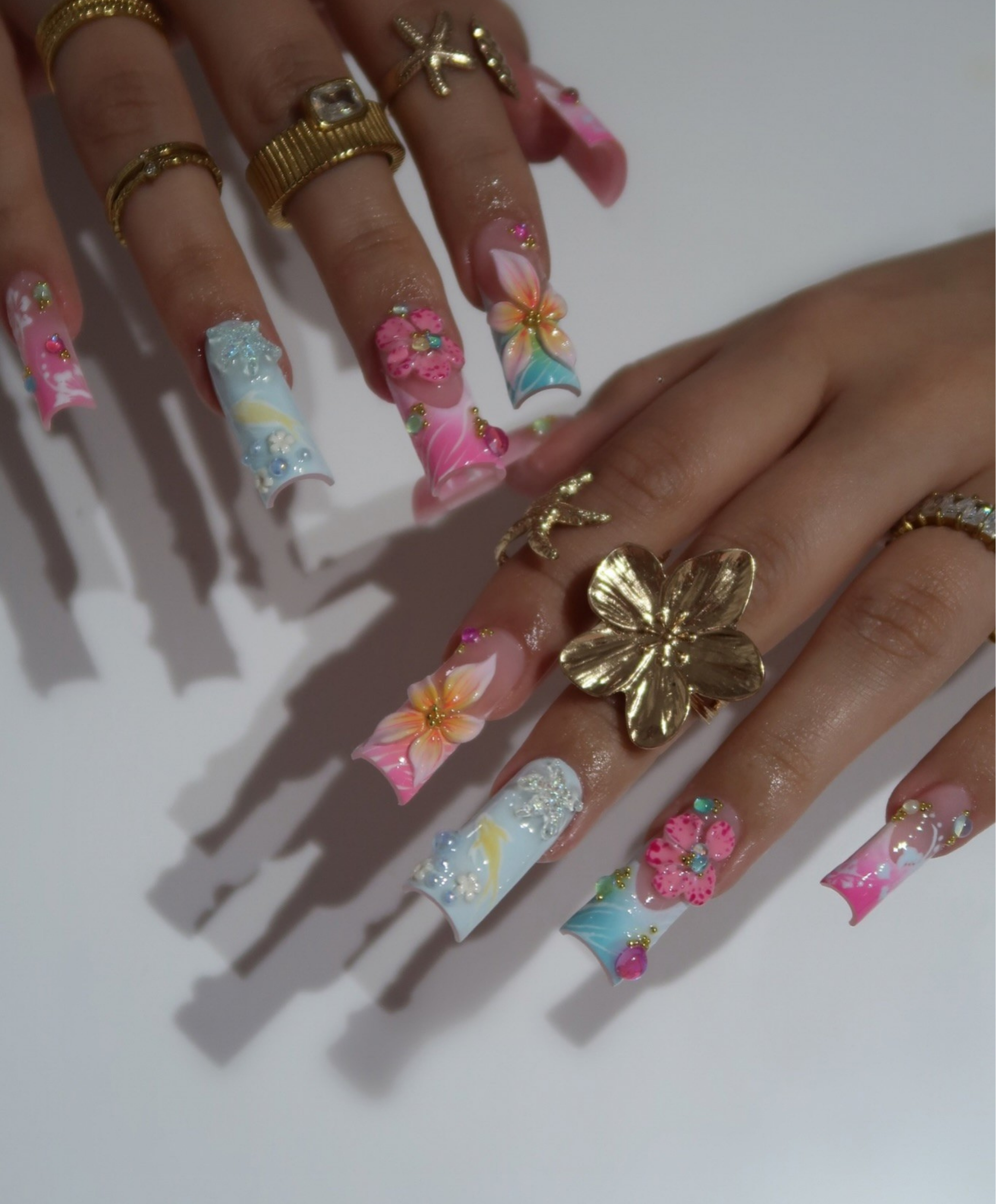 Pastel Tropical 3D Floral Press On Nails | Long Square Hibiscus Nail Art | Pink Blue Ombre Summer Nails | Luxury Rhinestone Handmade Nail Set | Vacation Beach Nails