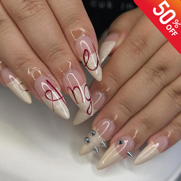 Romantic Angel Nails Press On – Luxury Valentine Stiletto Nails with Love Script, French tip nails, Wedding nails
