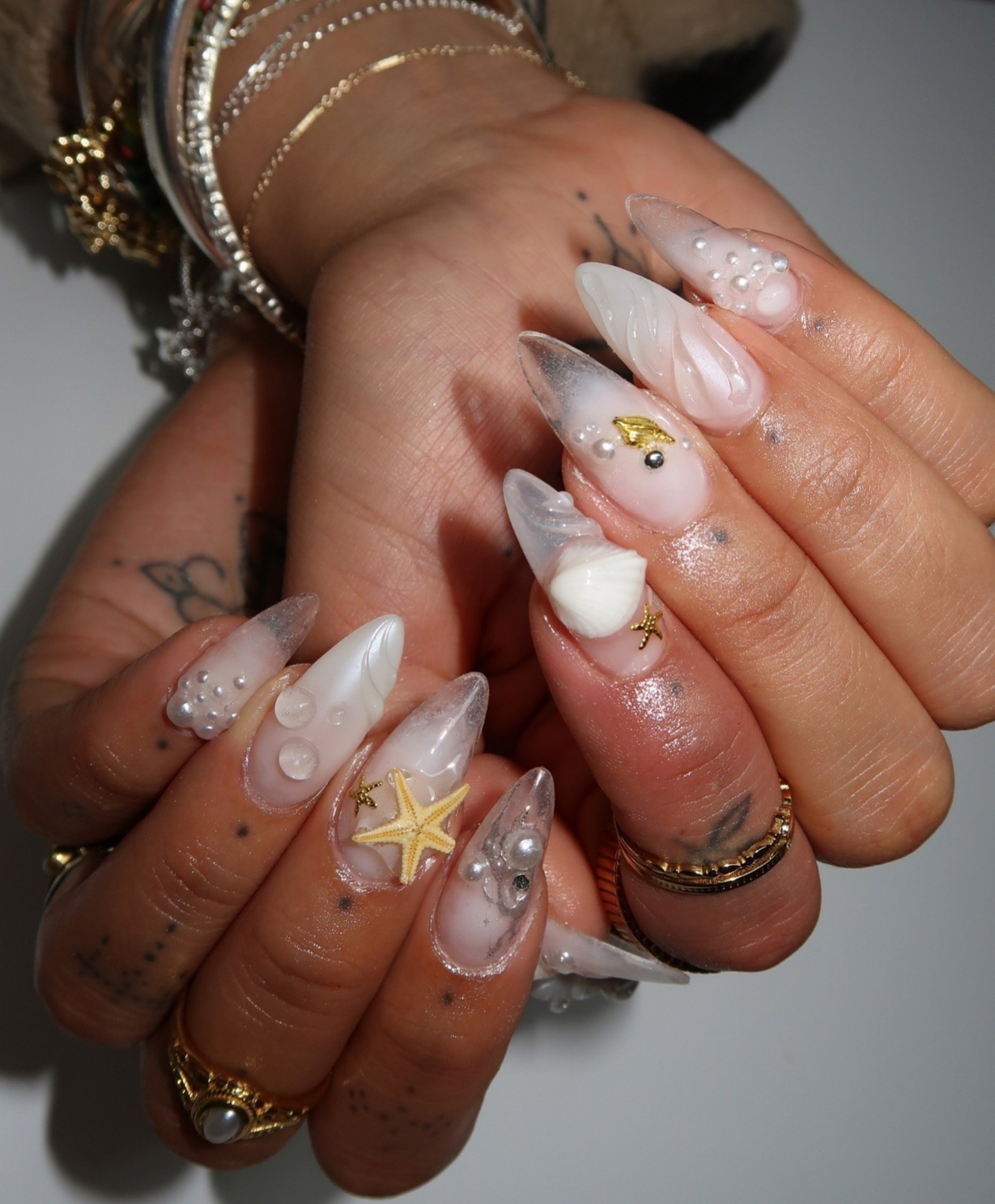 Handmade 3D Mermaid Shell Press On Nails | Iridescent Pearl & Starfish Luxury Fake Nails | Long Almond Beach Wedding Nails for Summer Vacation