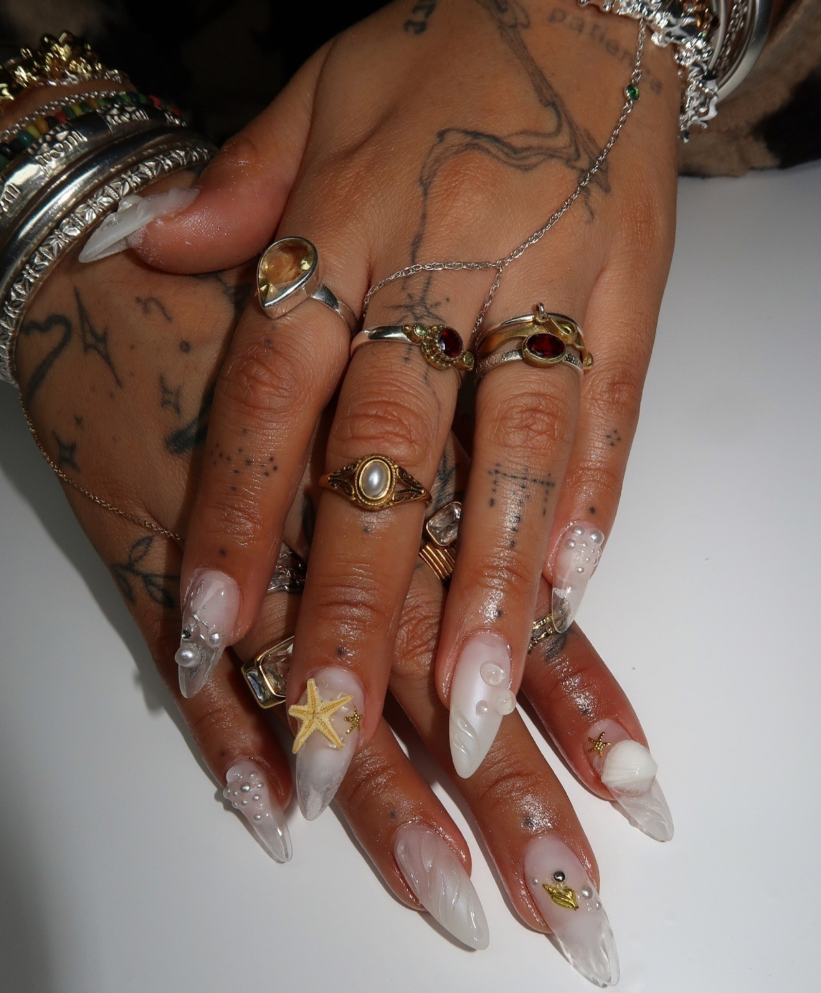 Handmade 3D Mermaid Shell Press On Nails | Iridescent Pearl & Starfish Luxury Fake Nails | Long Almond Beach Wedding Nails for Summer Vacation