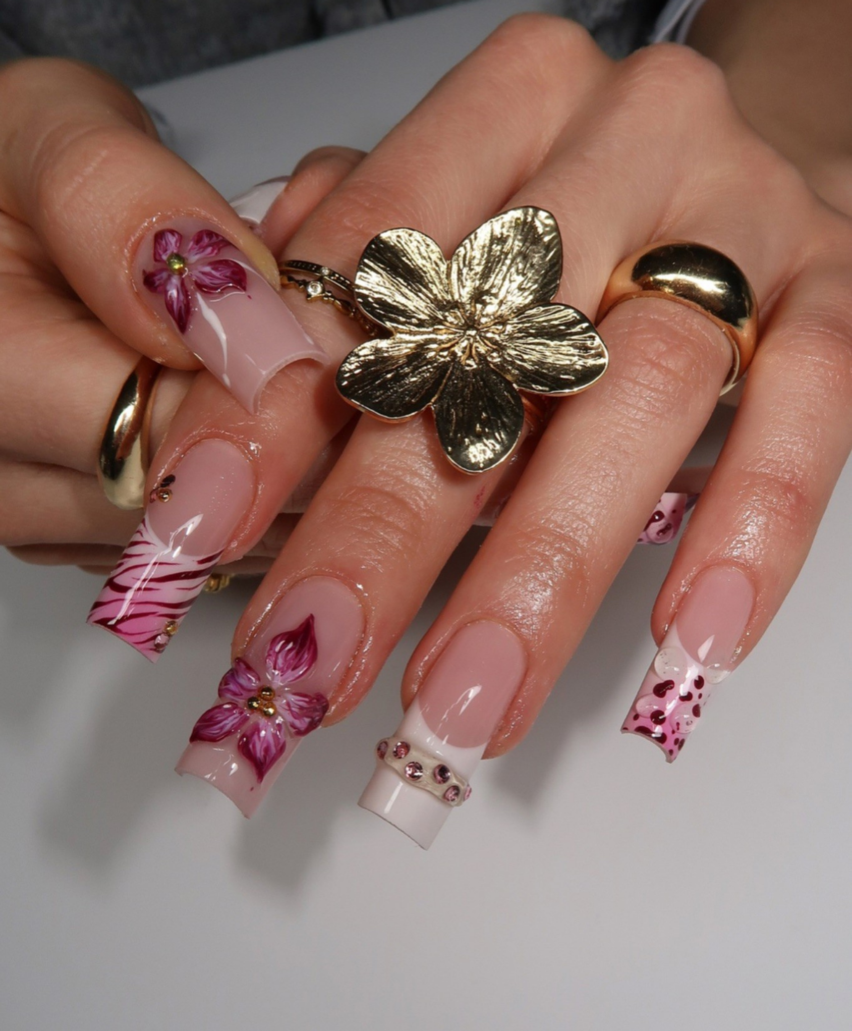 Handmade Y2K Pink Zebra & 3D Flower Press On Nails | Hot Pink Floral Luxury Fake Nails | Long Square Animal Print Nails for Birthday & Prom